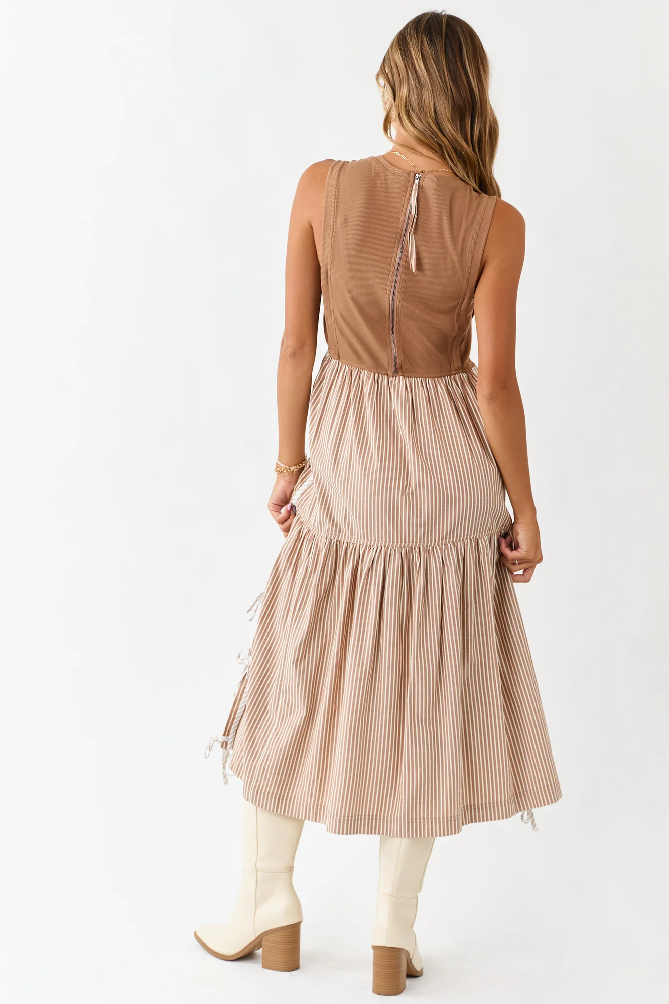 Brown Ribbed Knit Bodice Striped Midi Dress