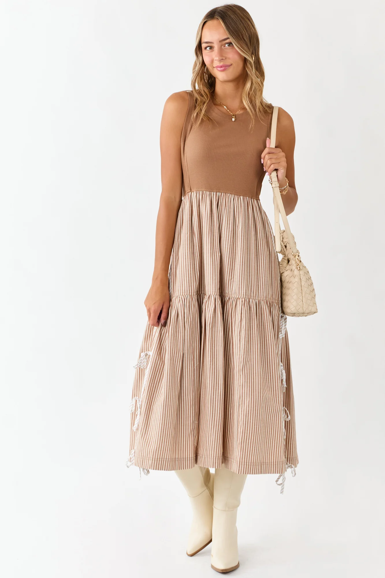 Brown Ribbed Knit Bodice Striped Midi Dress