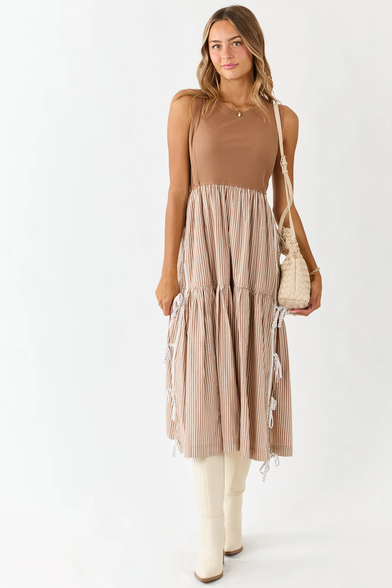 Brown Ribbed Knit Bodice Striped Midi Dress