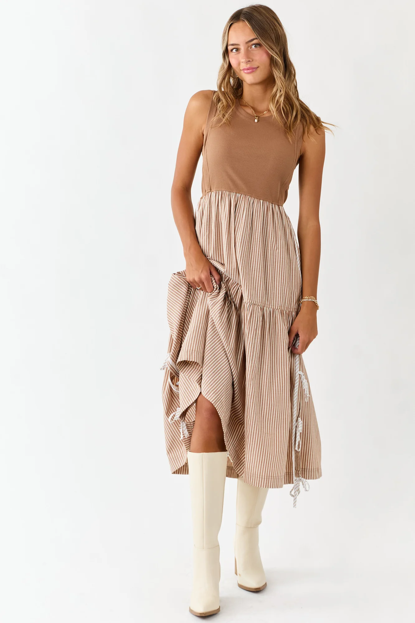 Brown Ribbed Knit Bodice Striped Midi Dress