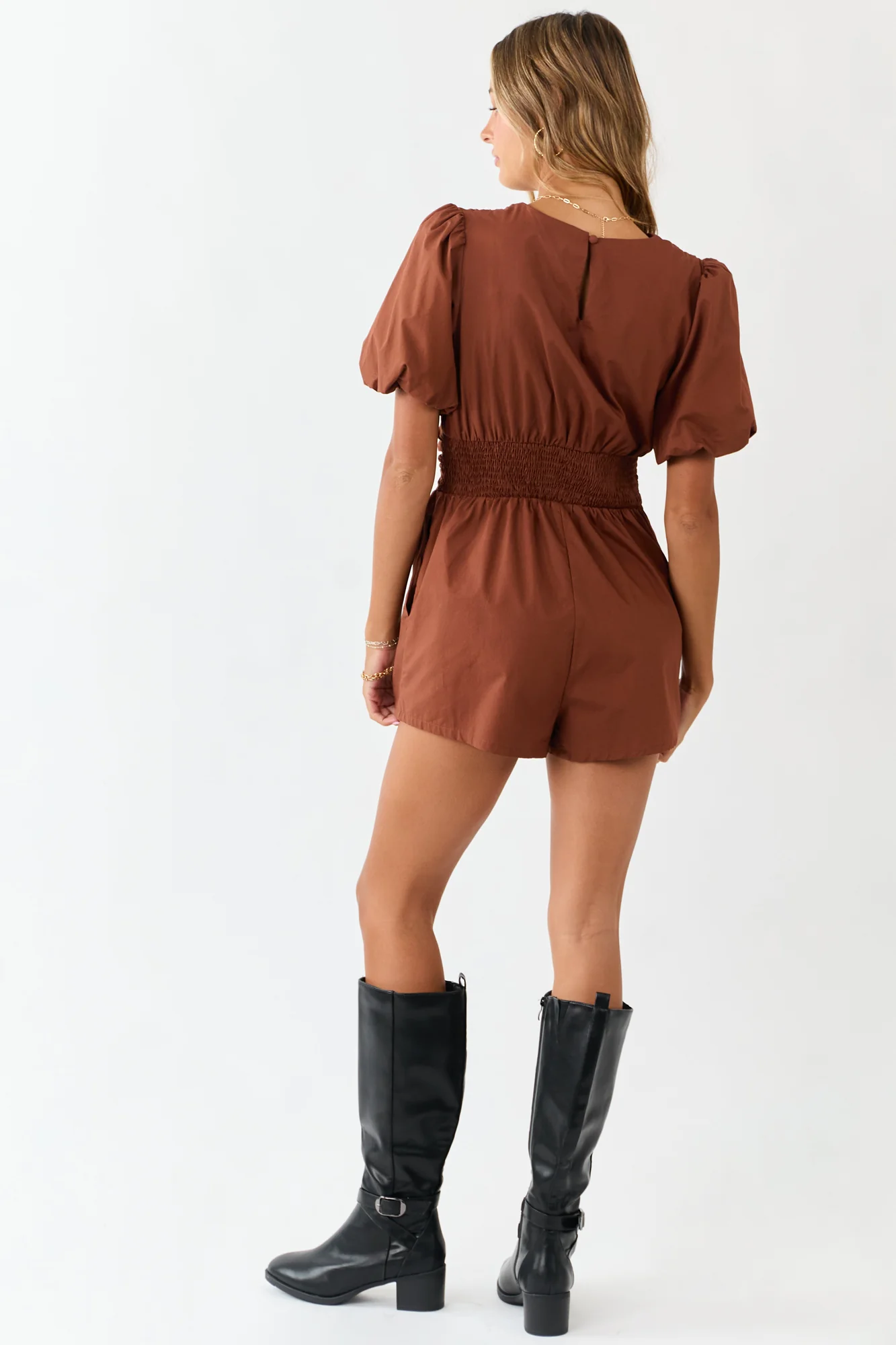Brown Ruched Cotton Romper with Puff Sleeves