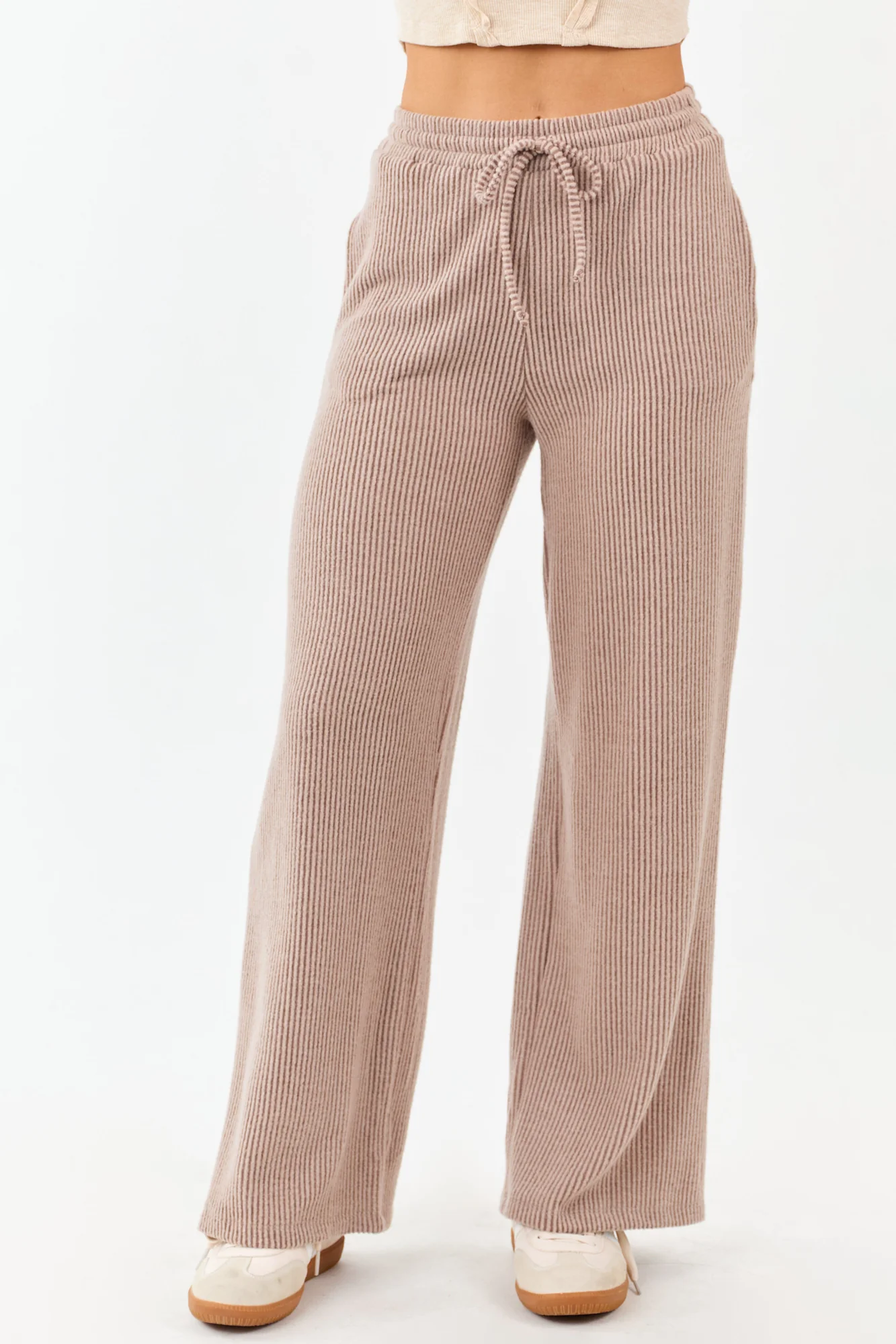 Brown Ribbed Drawstring High-Waisted Wide Leg Pants