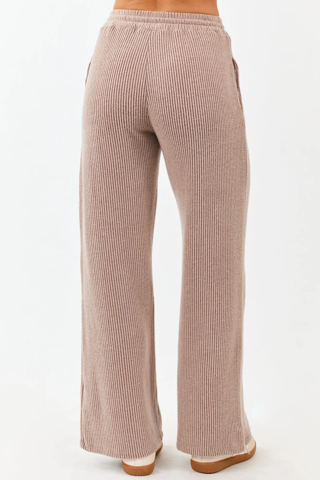 Brown Ribbed Drawstring High-Waisted Wide Leg Pants