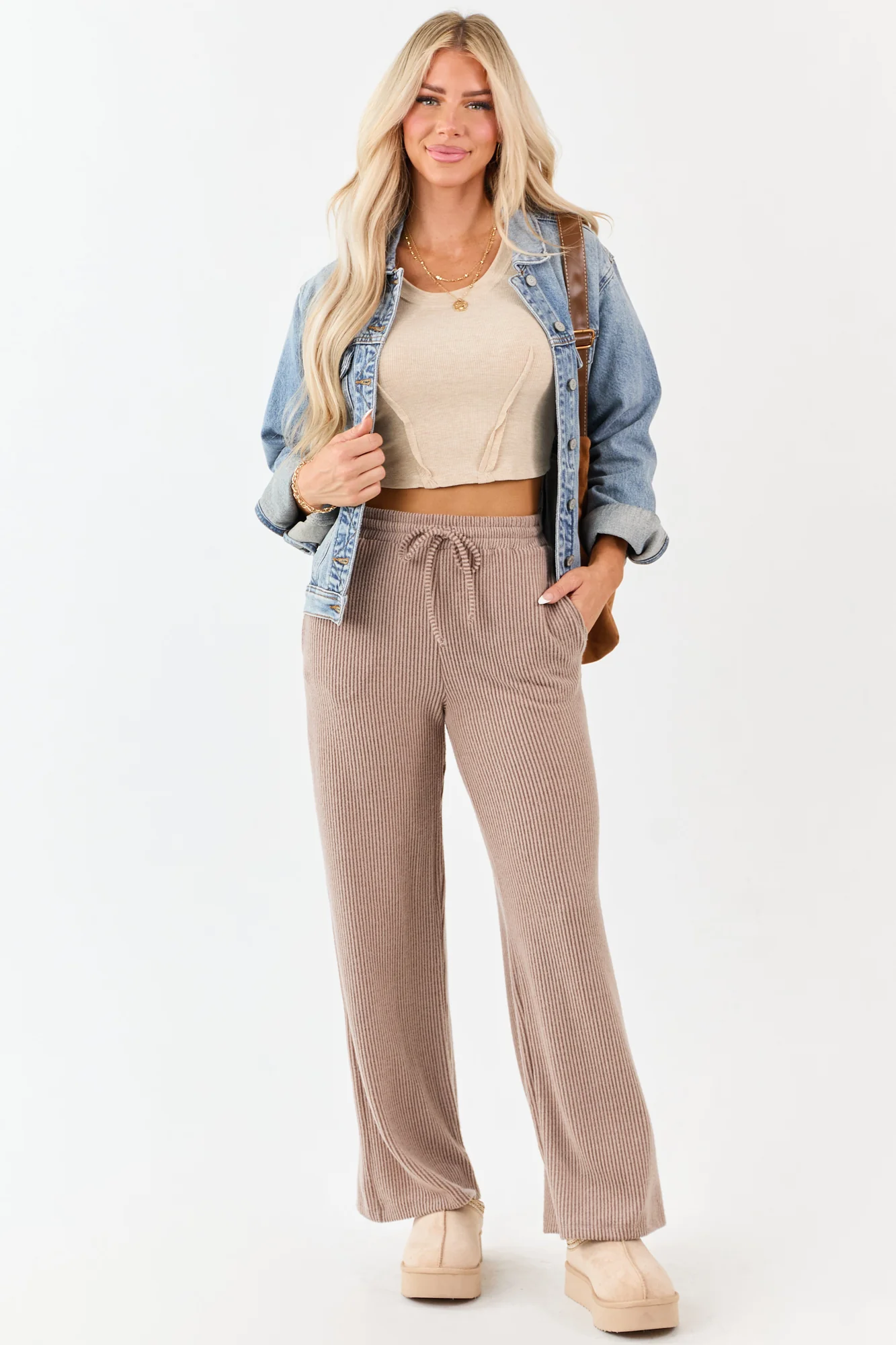 Brown Ribbed Drawstring High-Waisted Wide Leg Pants