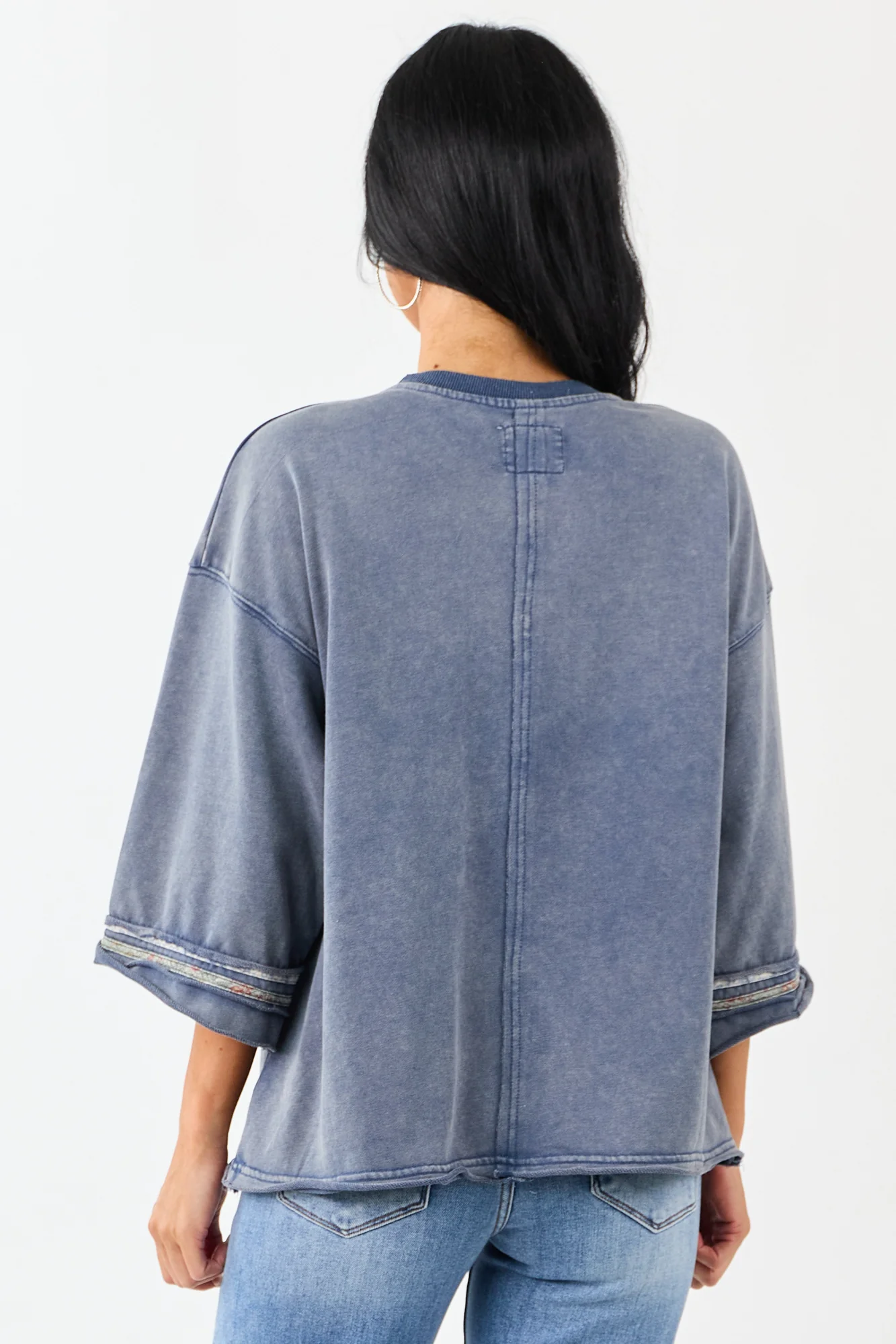 Mineral Wash Peace Sign Patchwork Steel Blue Oversized Top