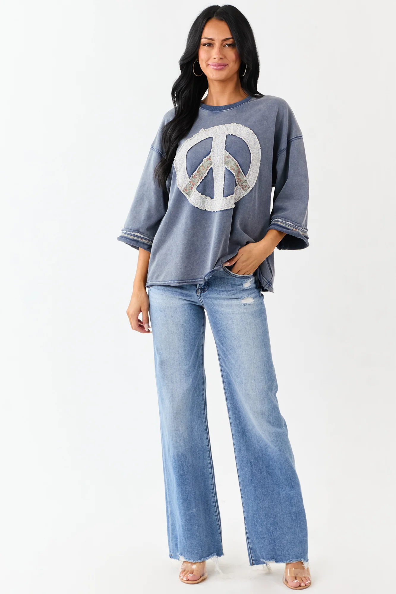 Mineral Wash Peace Sign Patchwork Steel Blue Oversized Top