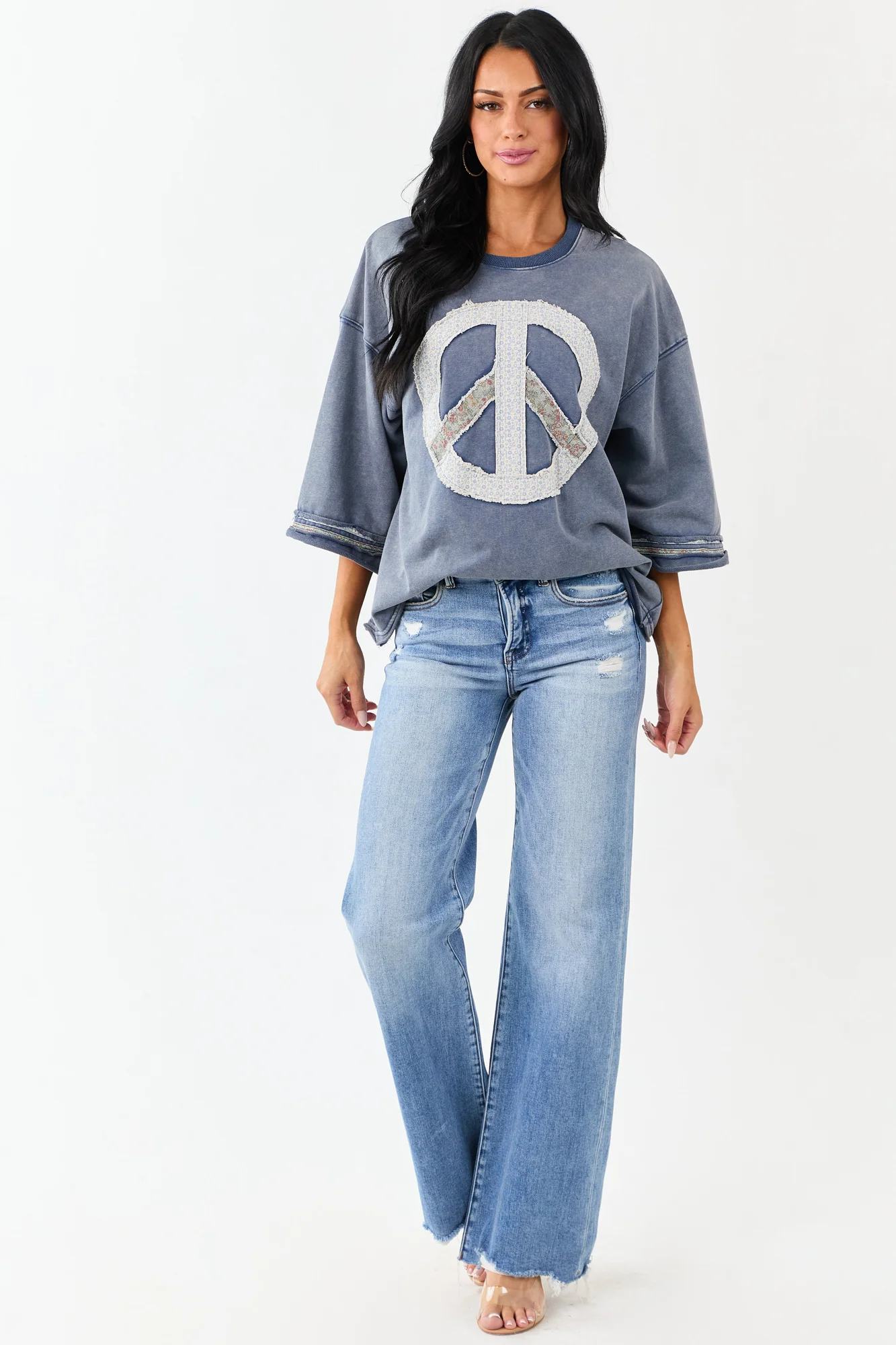 Mineral Wash Peace Sign Patchwork Steel Blue Oversized Top