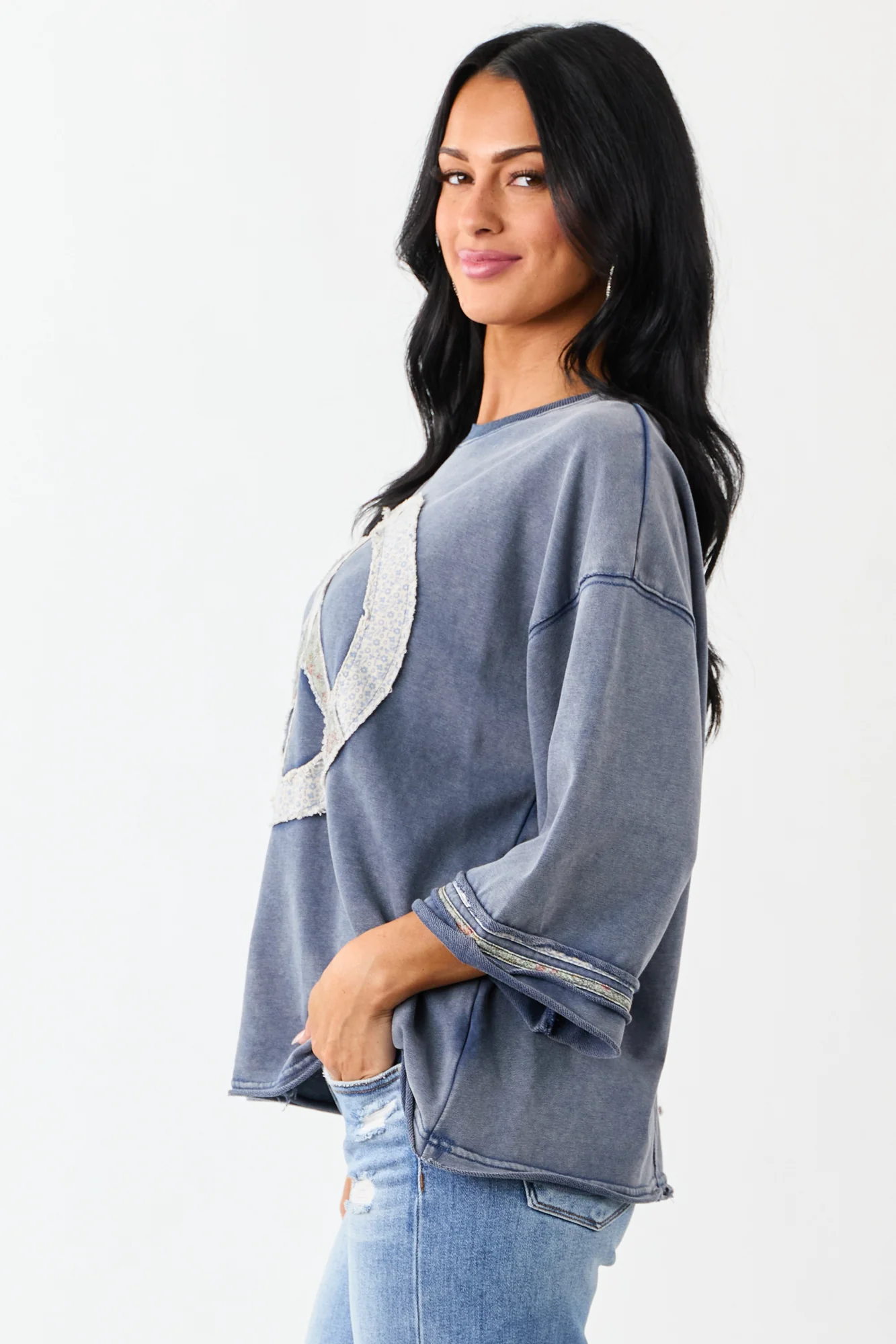 Mineral Wash Peace Sign Patchwork Steel Blue Oversized Top