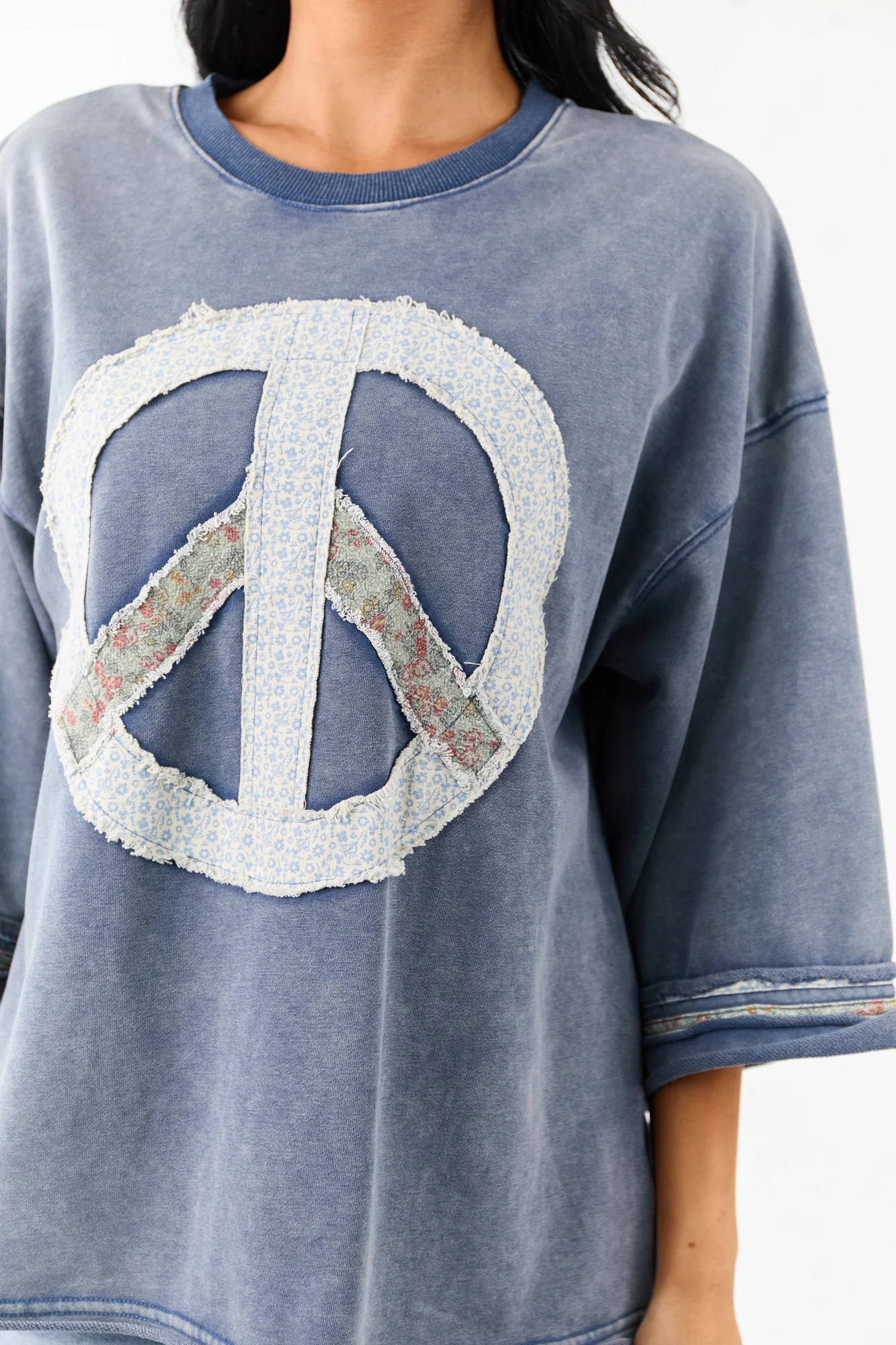 Mineral Wash Peace Sign Patchwork Steel Blue Oversized Top
