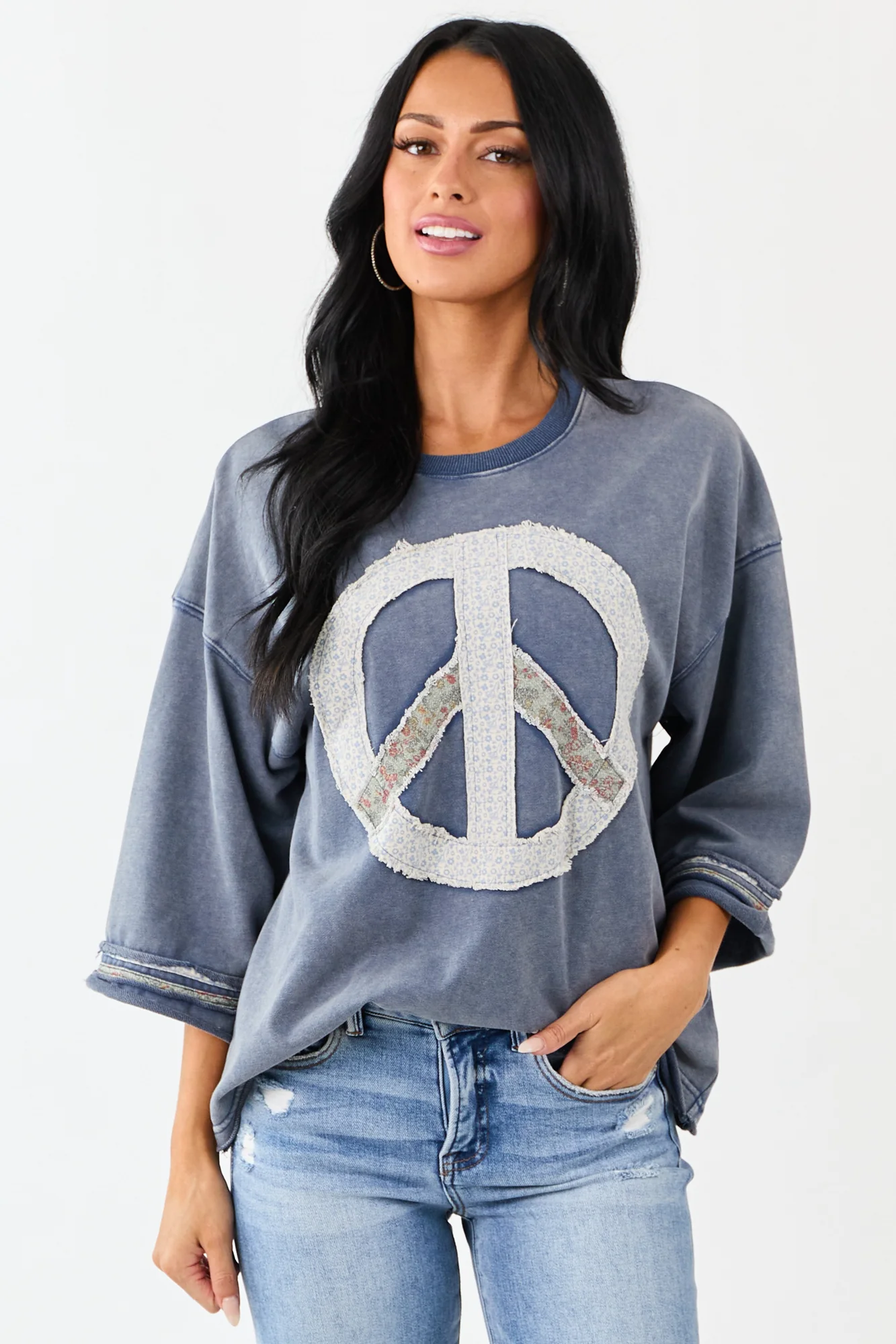 Mineral Wash Peace Sign Patchwork Steel Blue Oversized Top