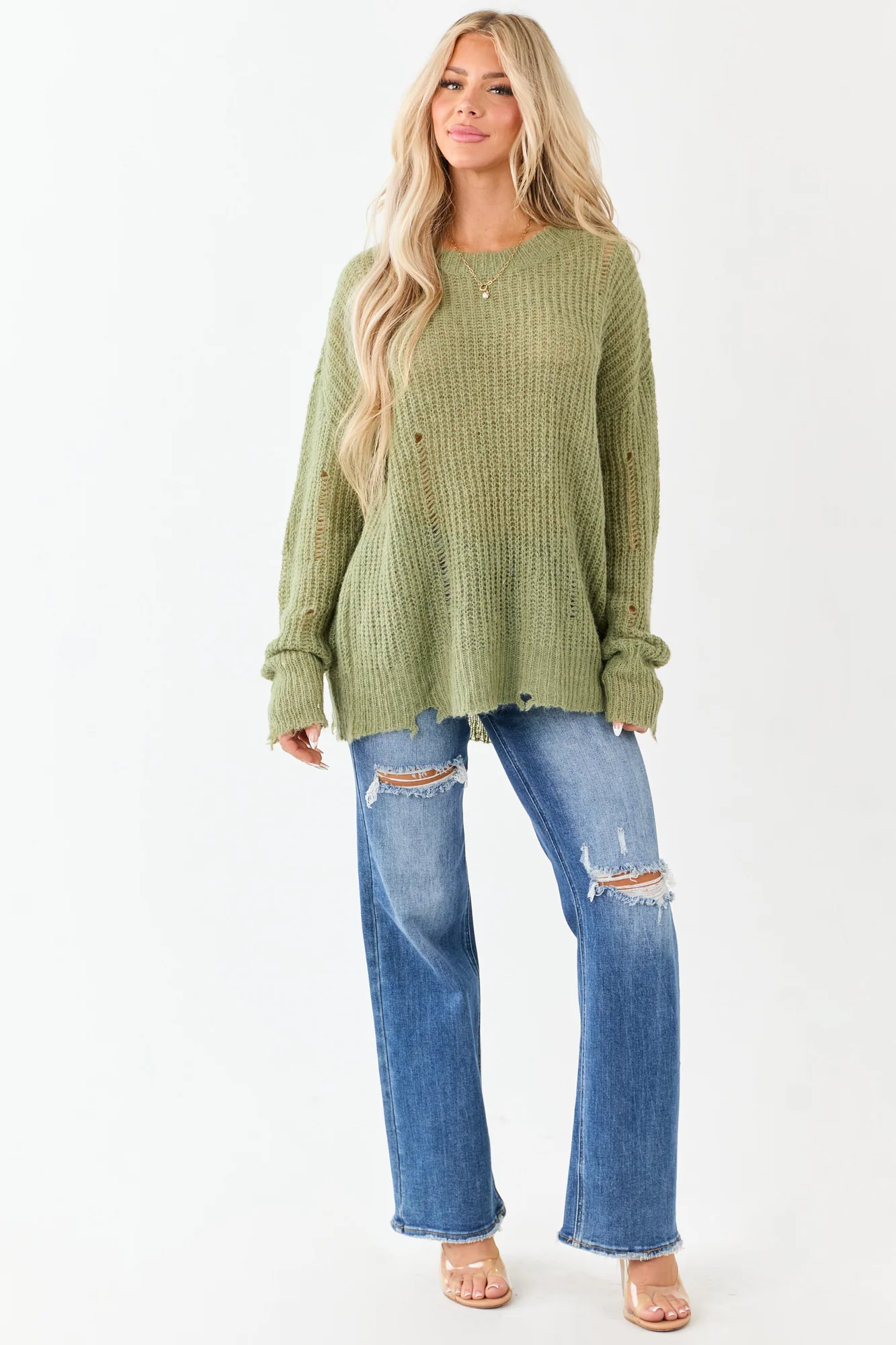 Green Distressed Ribbed Knit Oversized Sweater