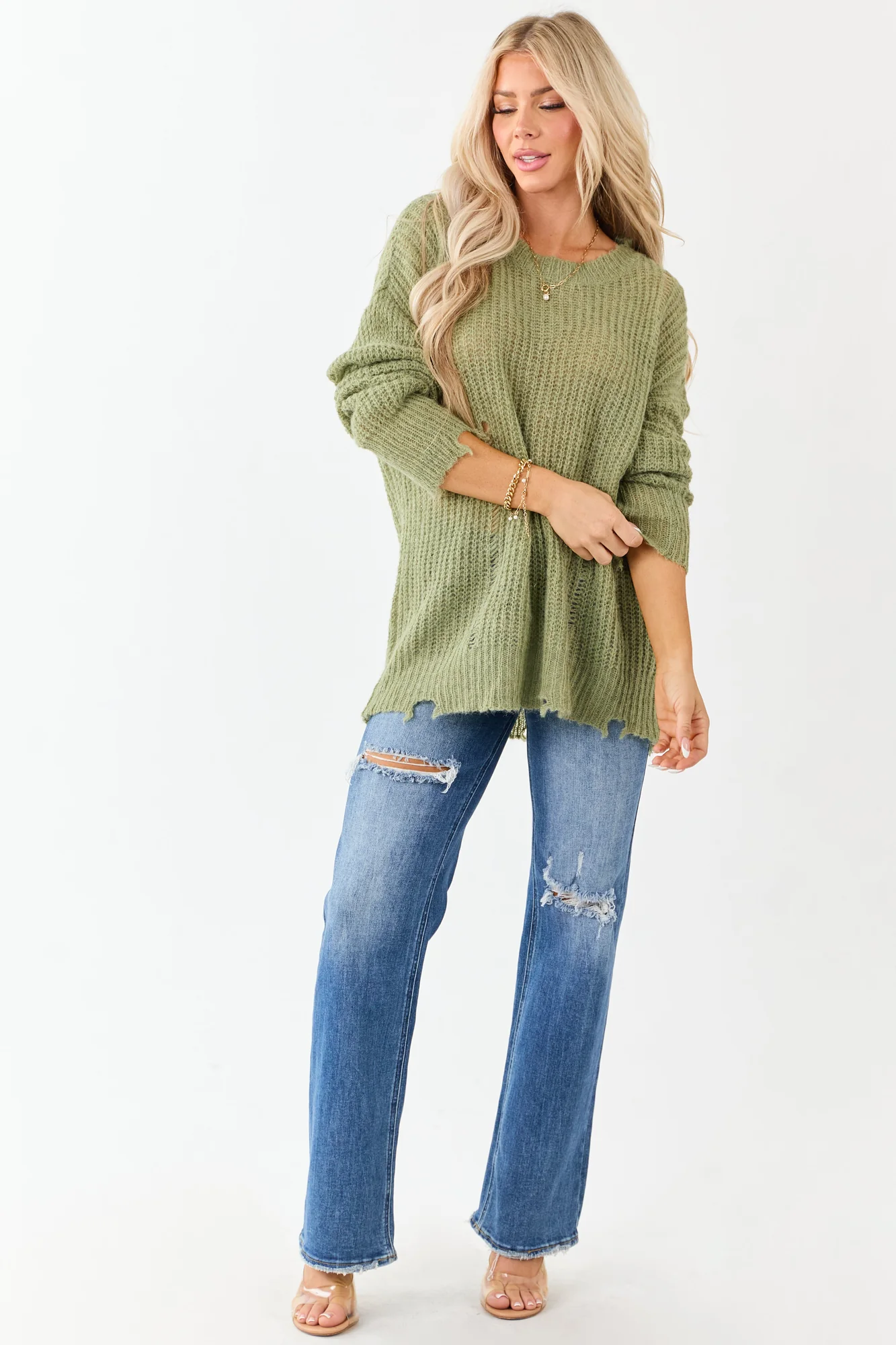 Green Distressed Ribbed Knit Oversized Sweater