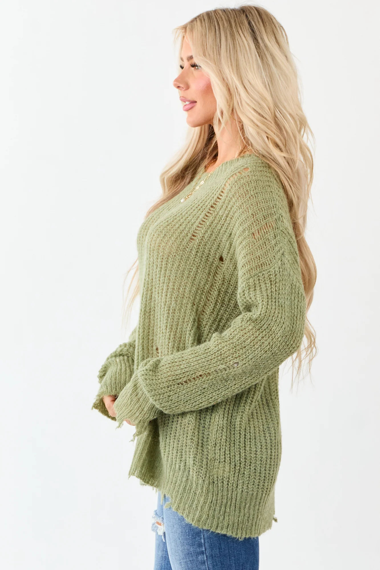 Green Distressed Ribbed Knit Oversized Sweater