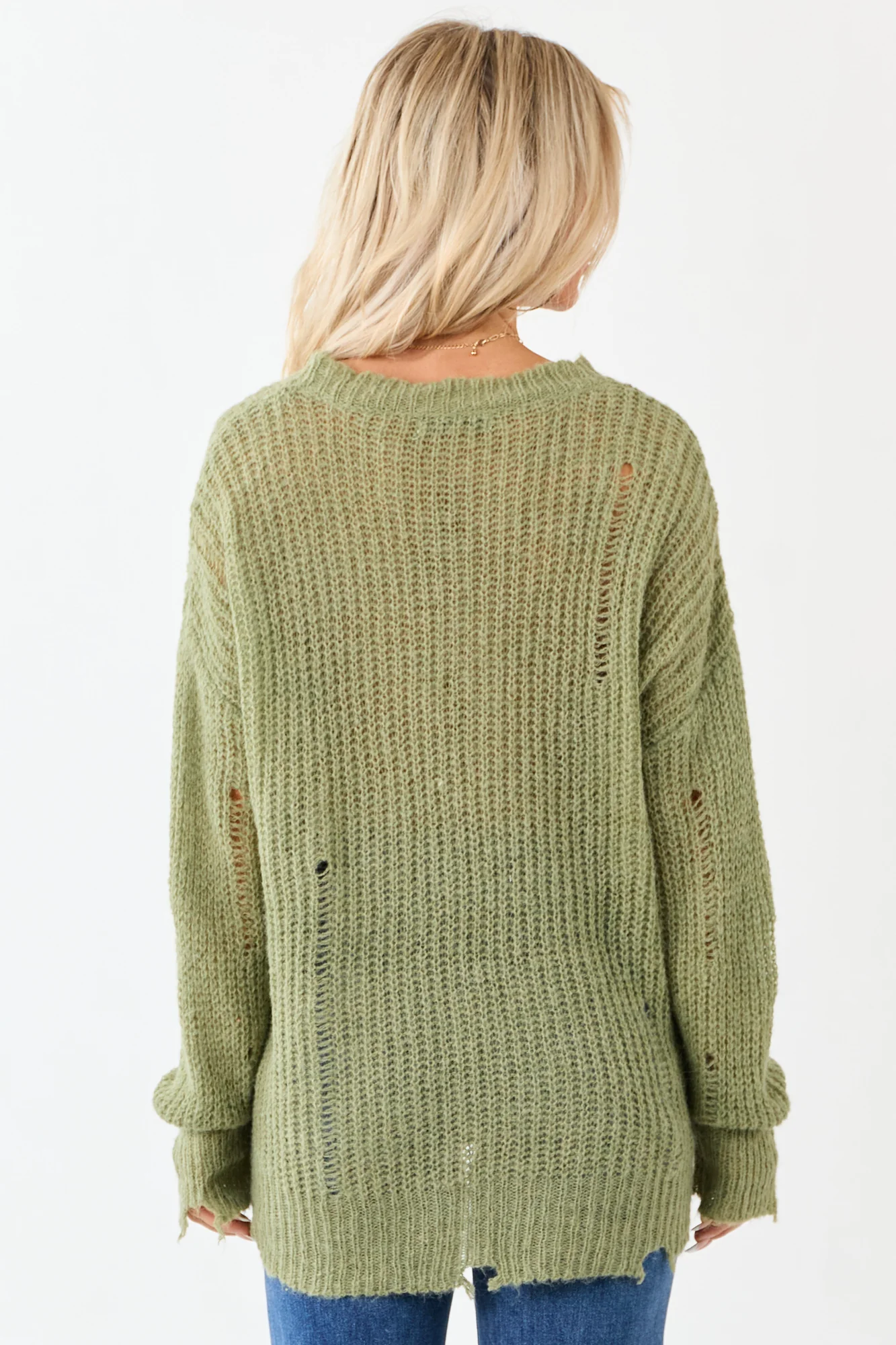Green Distressed Ribbed Knit Oversized Sweater