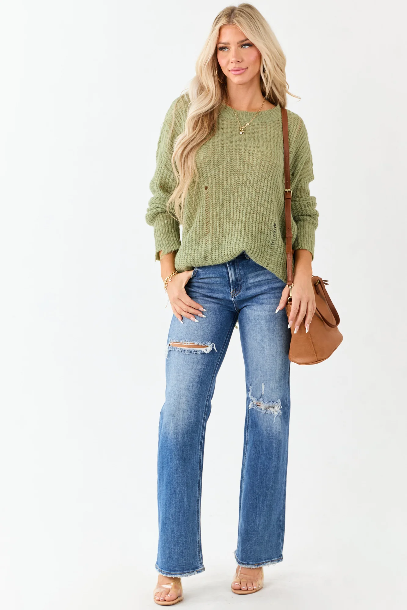 Green Distressed Ribbed Knit Oversized Sweater