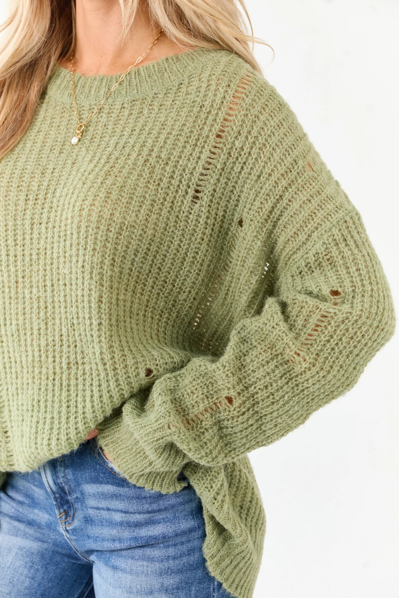 Green Distressed Ribbed Knit Oversized Sweater