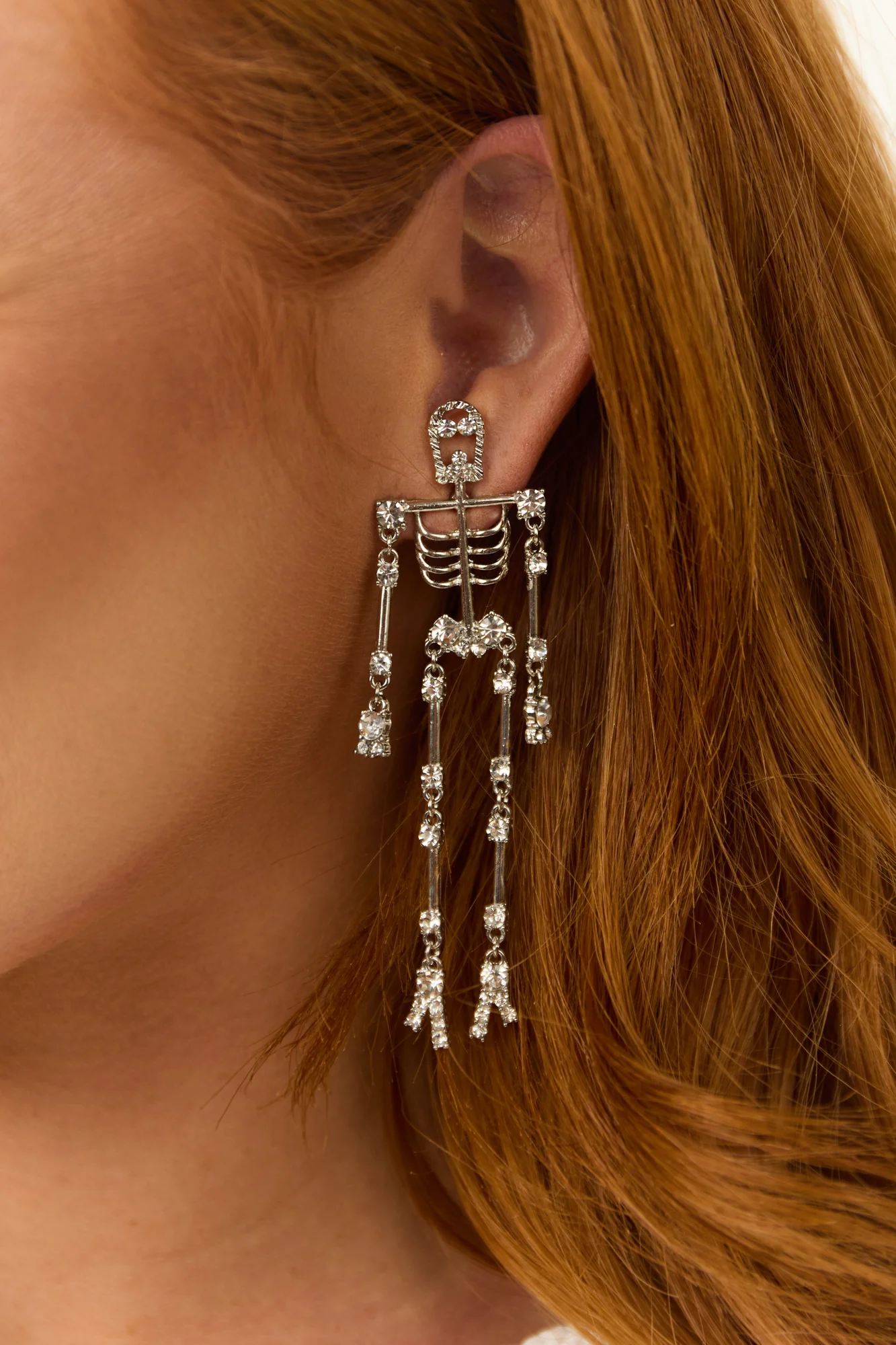 Elegant Silver Rhinestone Skeleton Dangle Earrings