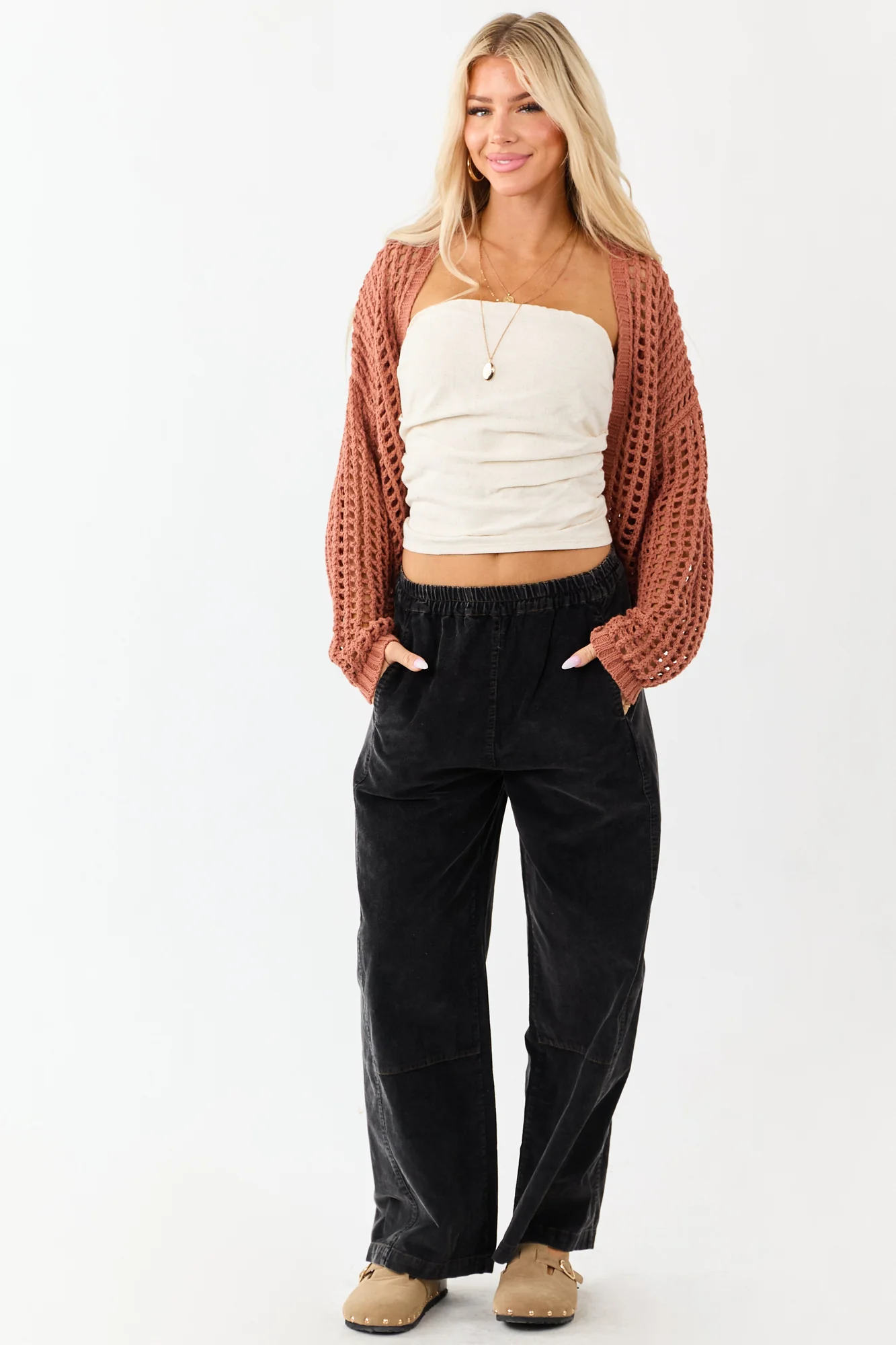 Charcoal Wide Leg Corduroy Pants | Stone Washed Elastic Waistband