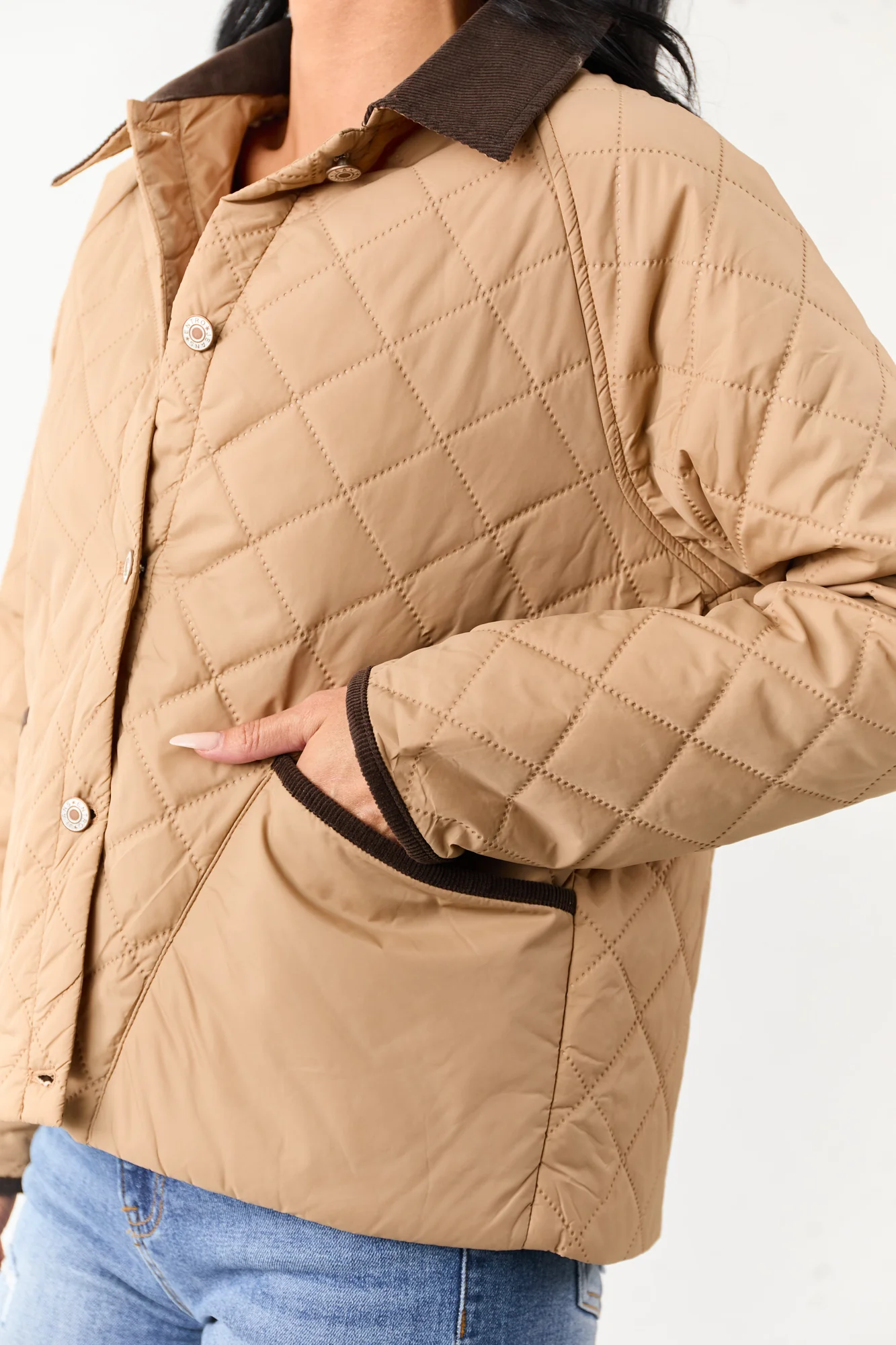 Quilted Corduroy Contrast Buttoned Jacket in Cocoa