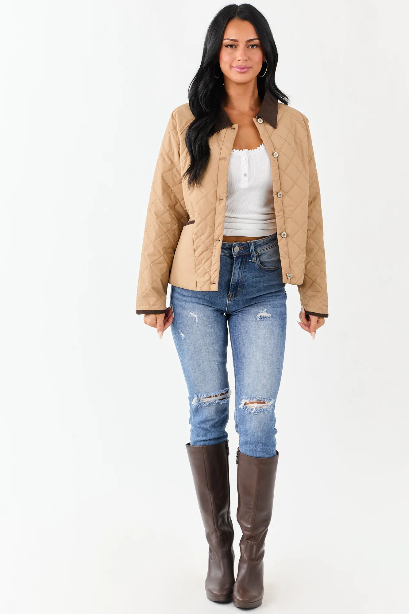 Quilted Corduroy Contrast Buttoned Jacket in Cocoa