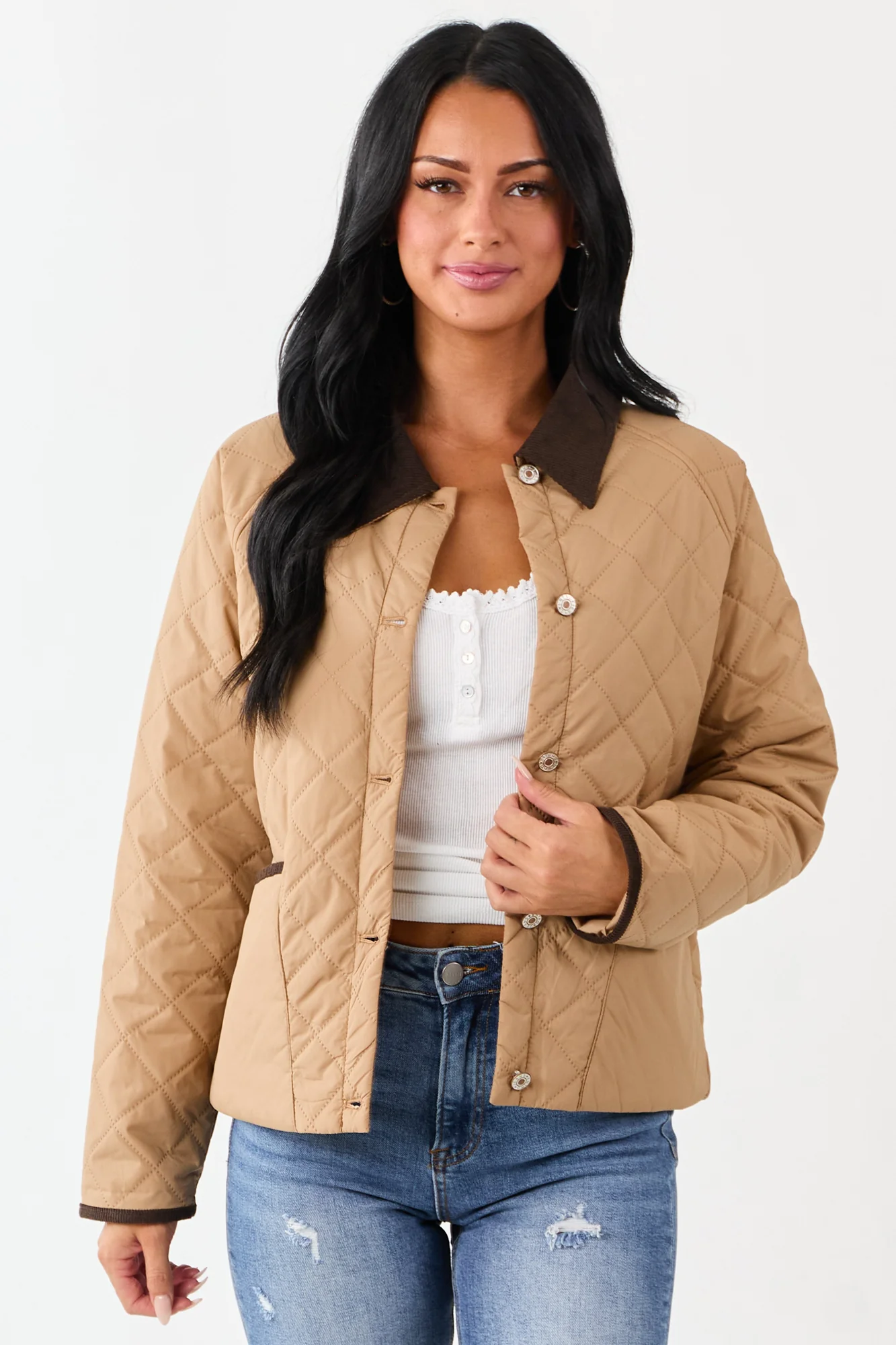 Quilted Corduroy Contrast Buttoned Jacket in Cocoa