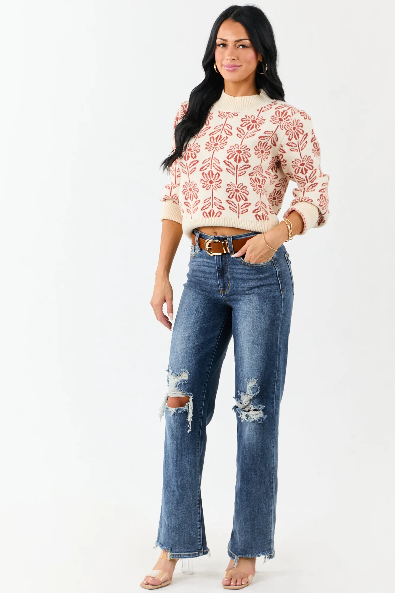 Floral Print Mock Neck Knit Sweater