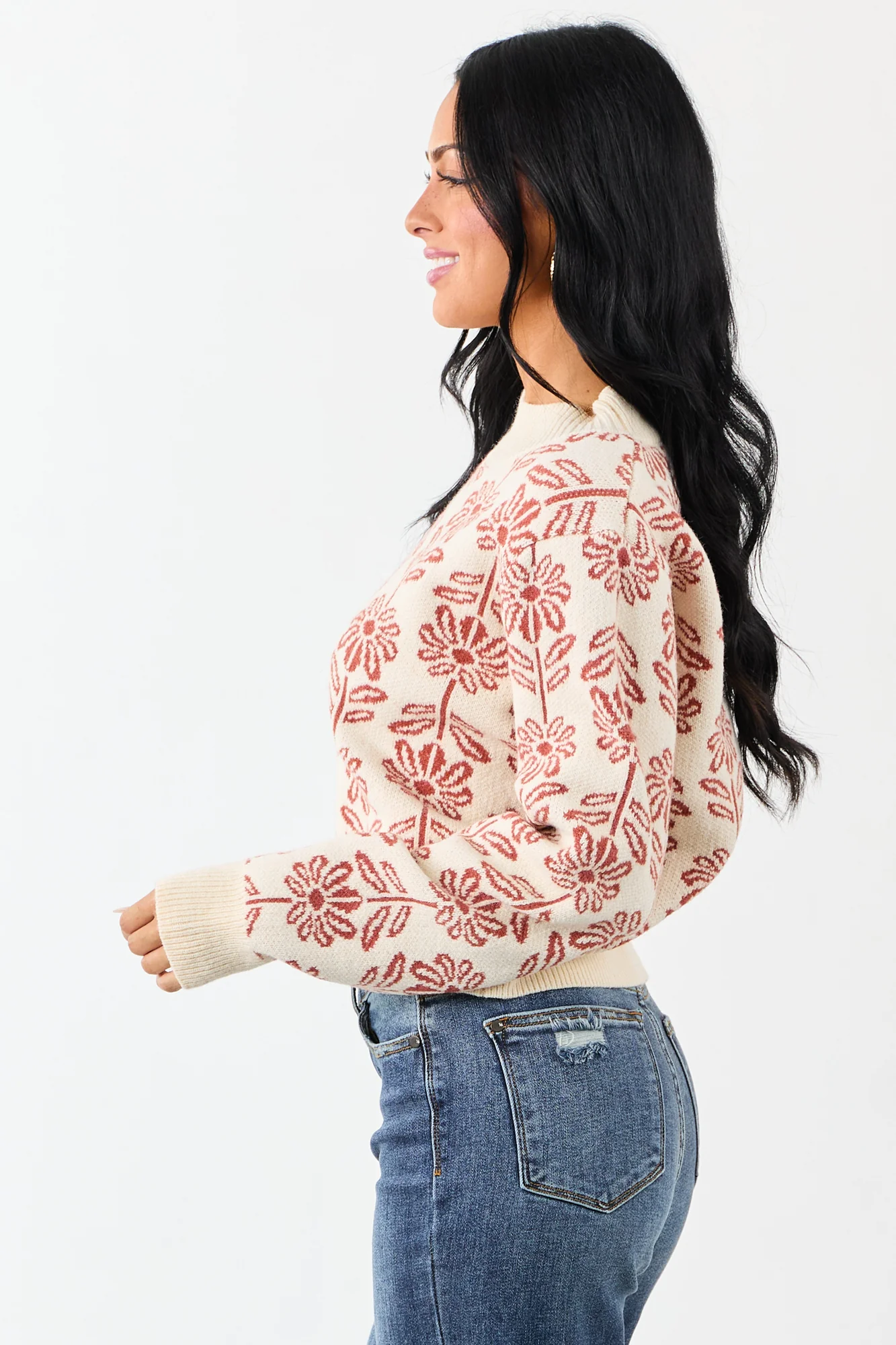 Floral Print Mock Neck Knit Sweater