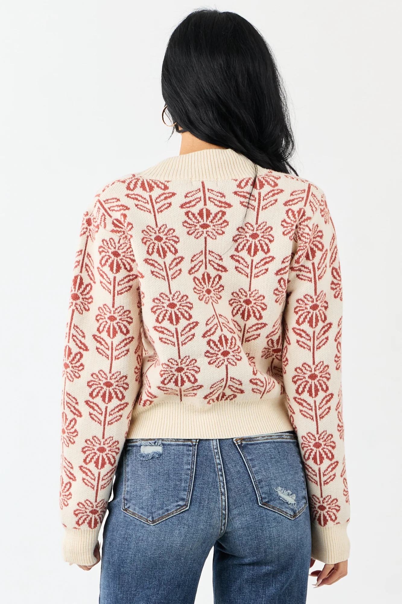 Floral Print Mock Neck Knit Sweater
