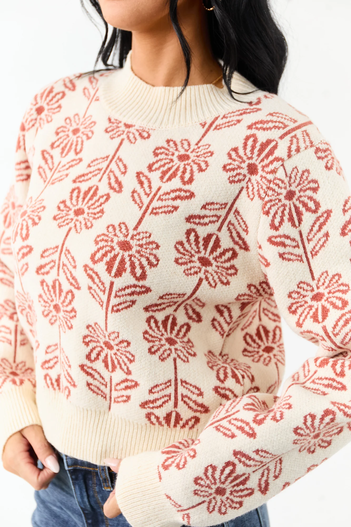 Floral Print Mock Neck Knit Sweater