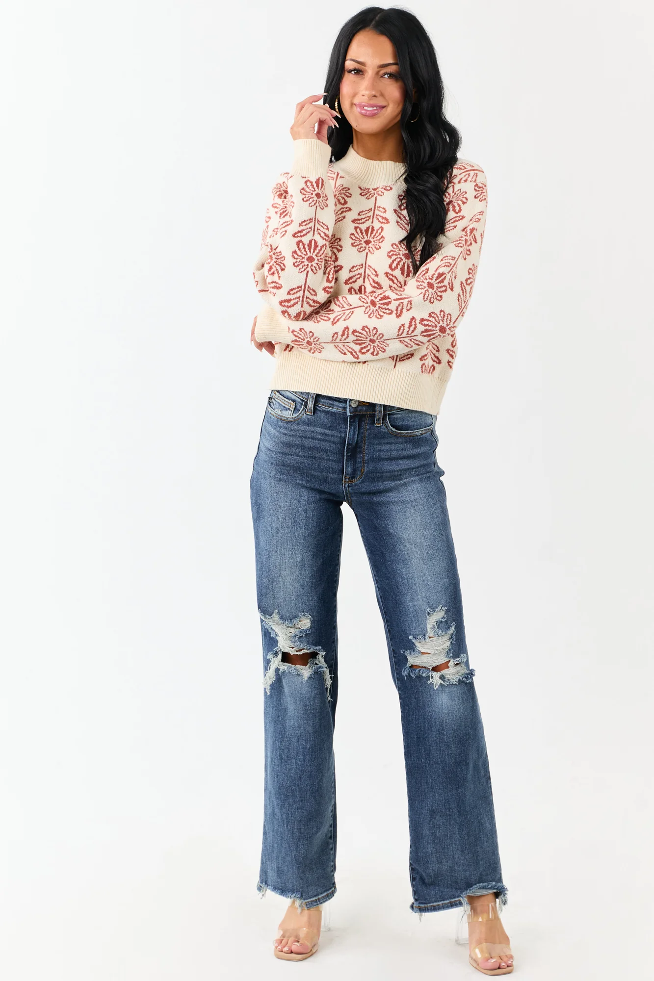 Floral Print Mock Neck Knit Sweater