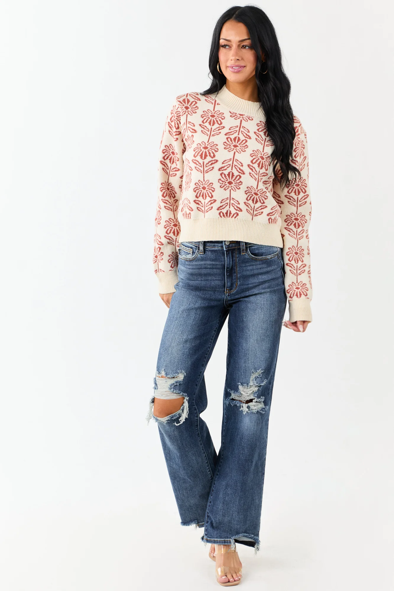 Floral Print Mock Neck Knit Sweater