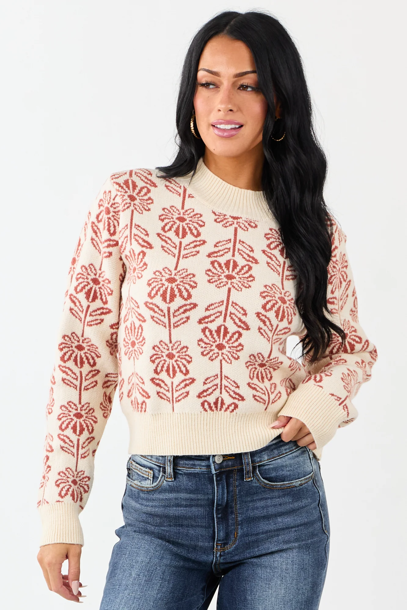 Floral Print Mock Neck Knit Sweater