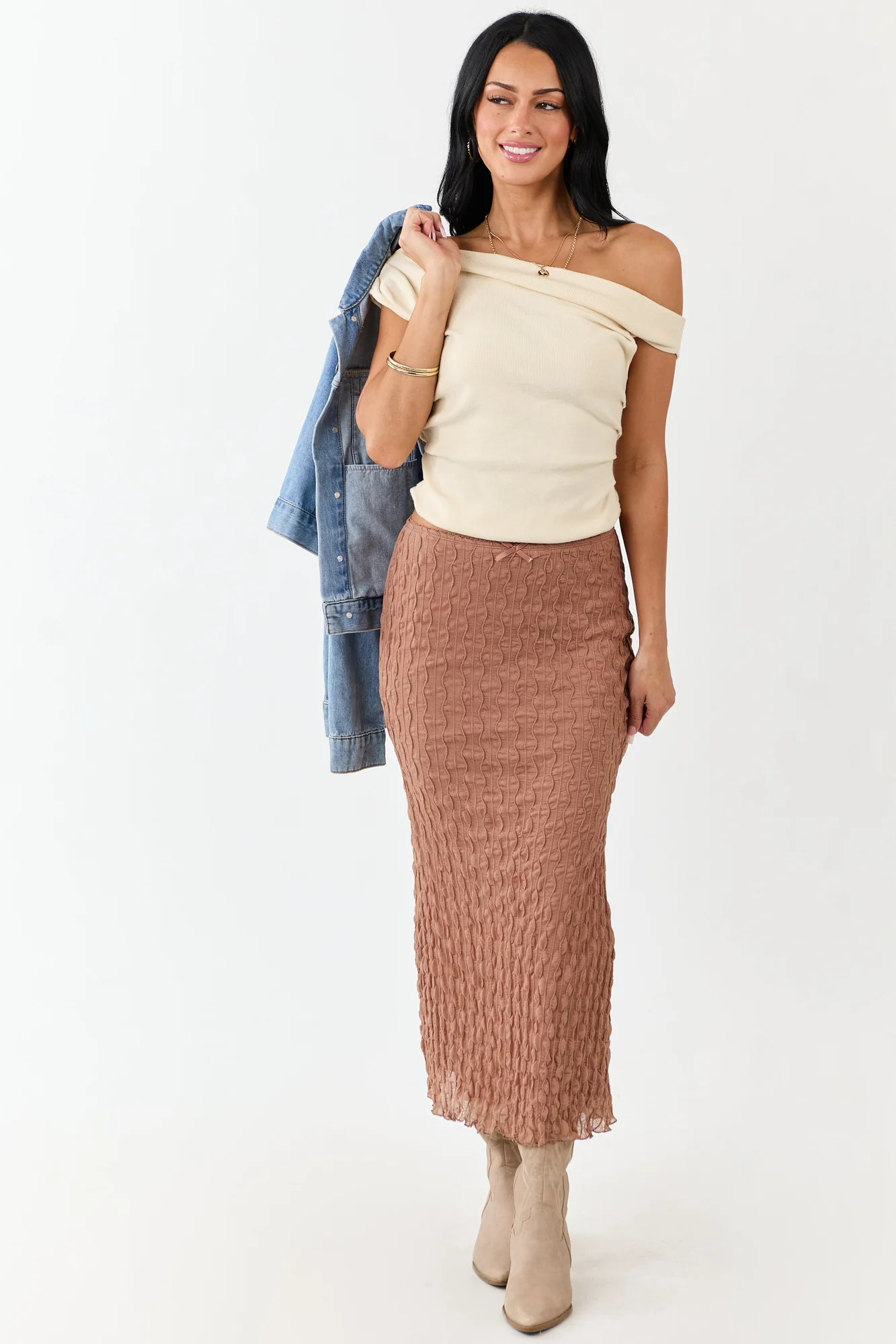 Neutral Textured Mesh Maxi Skirt with Back Slit