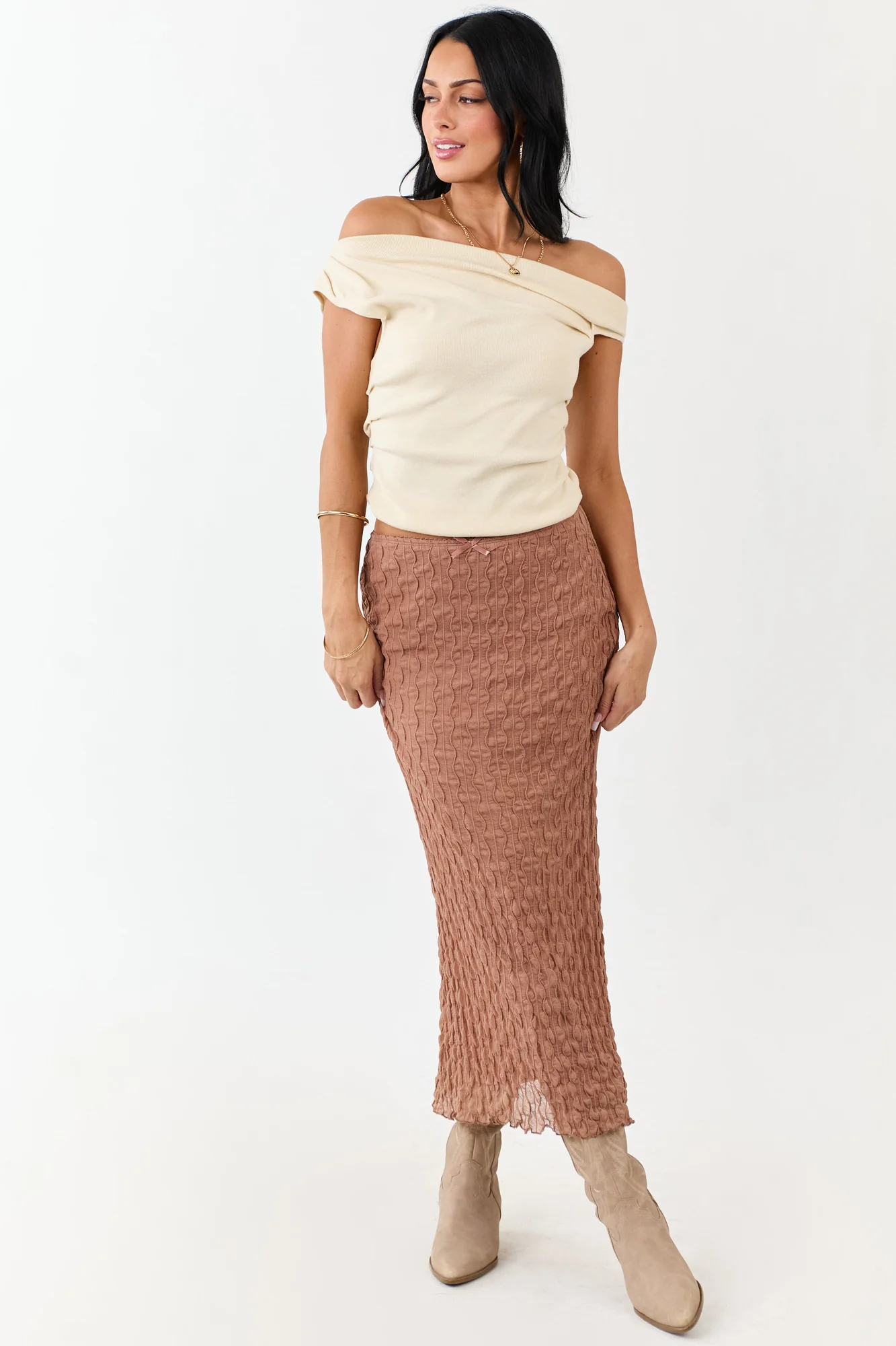 Neutral Textured Mesh Maxi Skirt with Back Slit