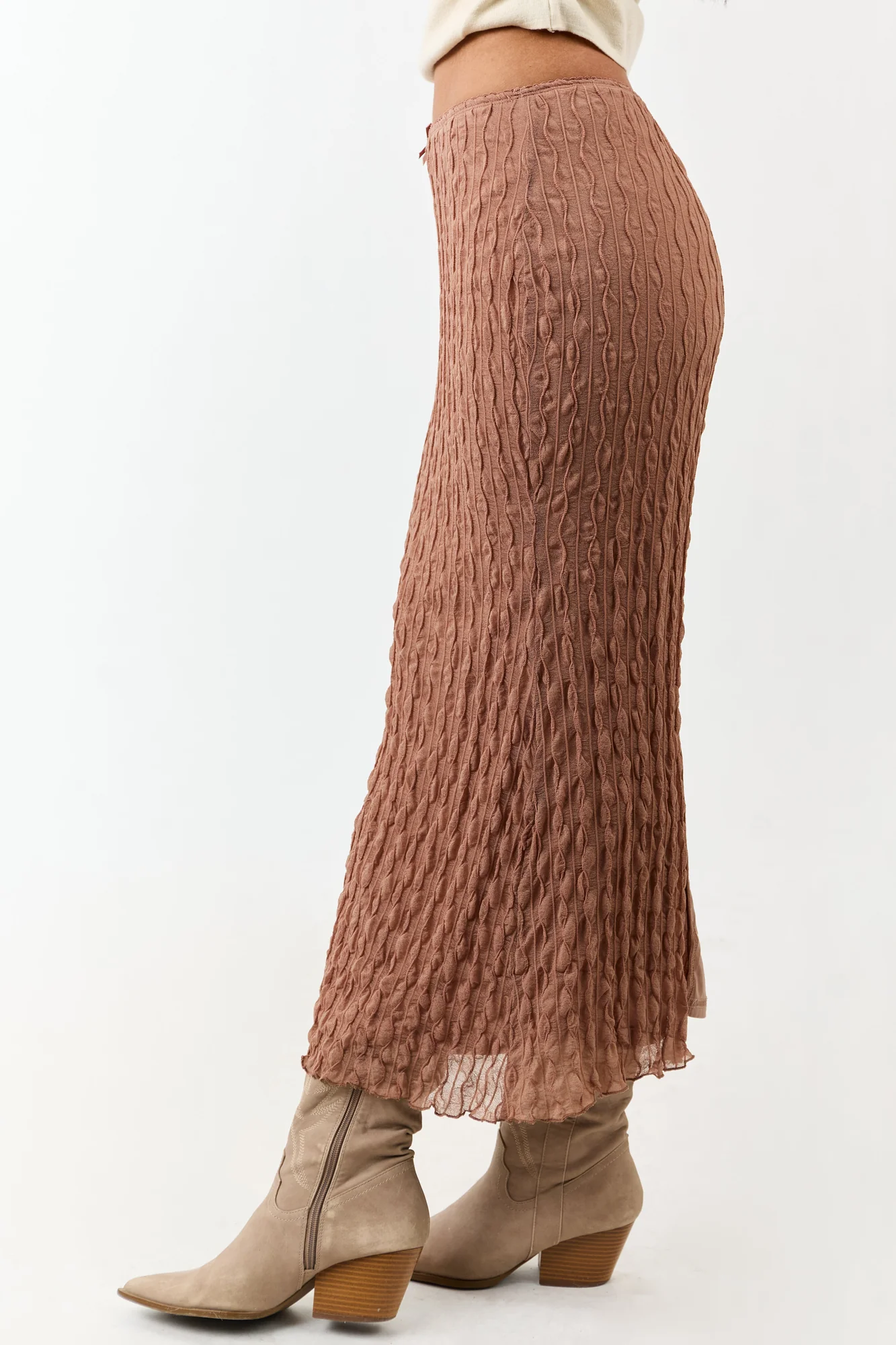Neutral Textured Mesh Maxi Skirt with Back Slit