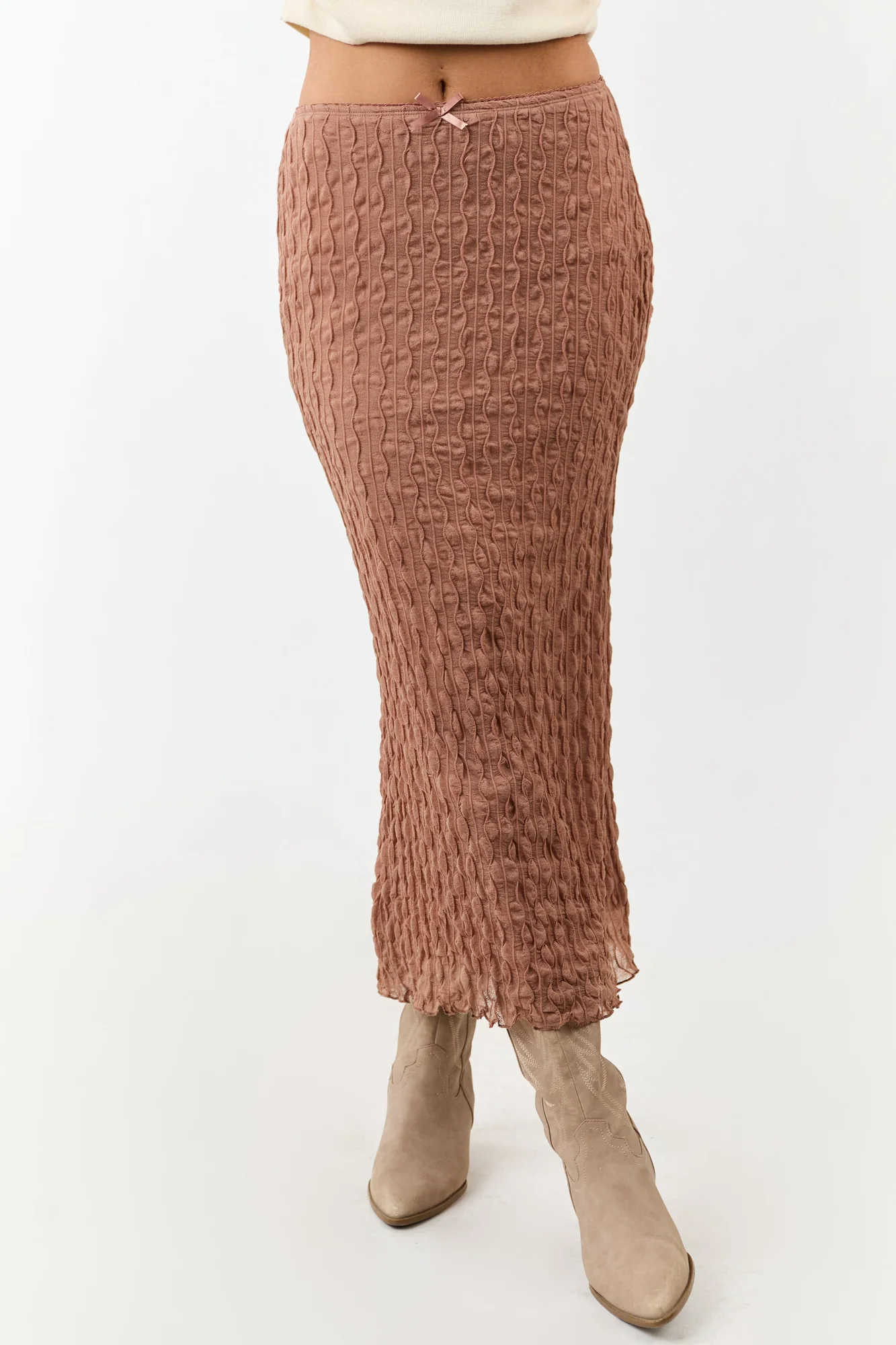 Neutral Textured Mesh Maxi Skirt with Back Slit