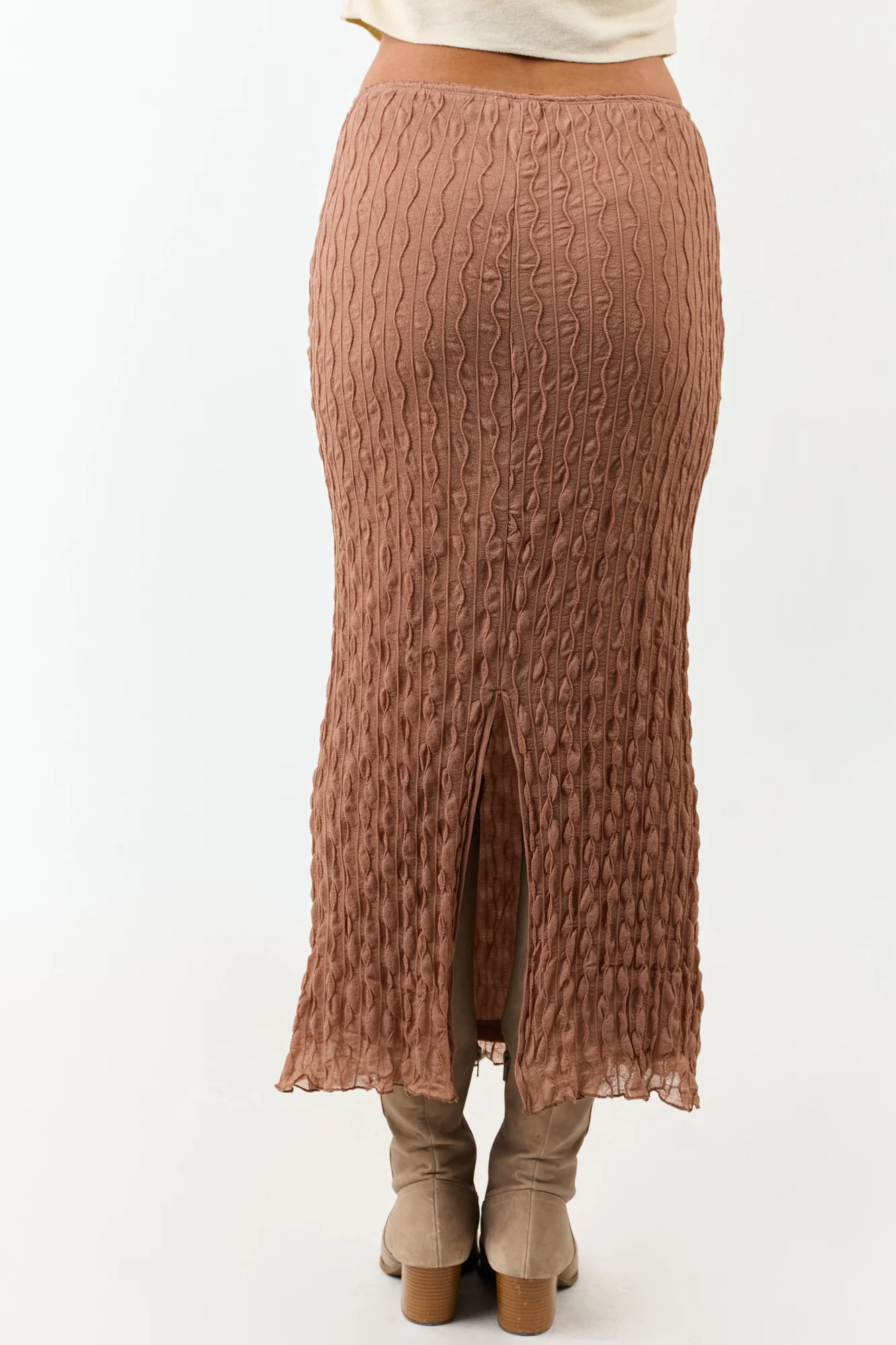 Neutral Textured Mesh Maxi Skirt with Back Slit