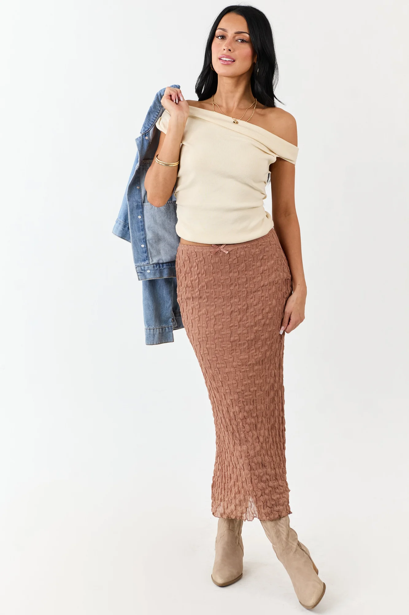 Neutral Textured Mesh Maxi Skirt with Back Slit