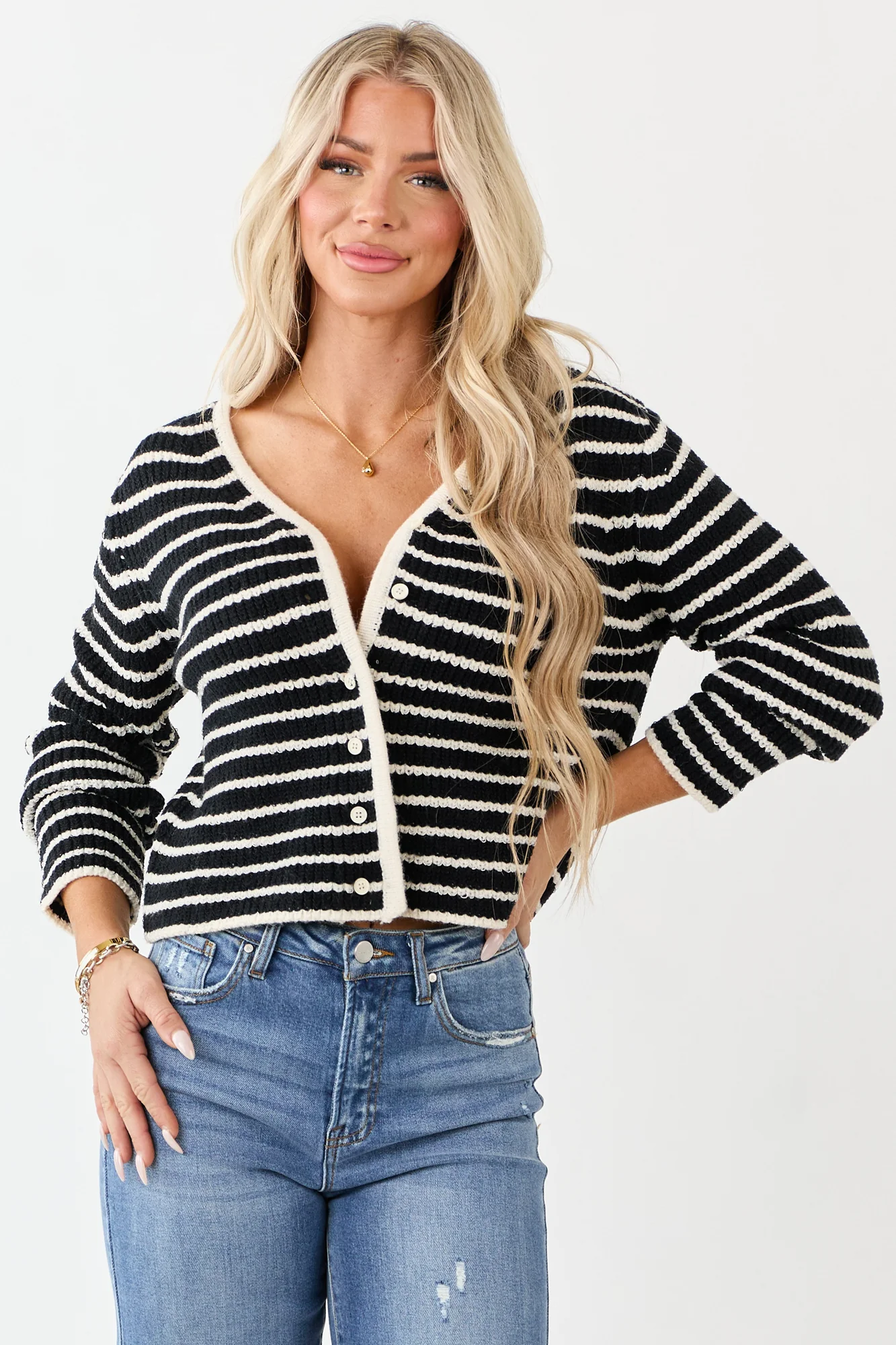 Knit Striped Button Down Cardigan in Black and Ivory