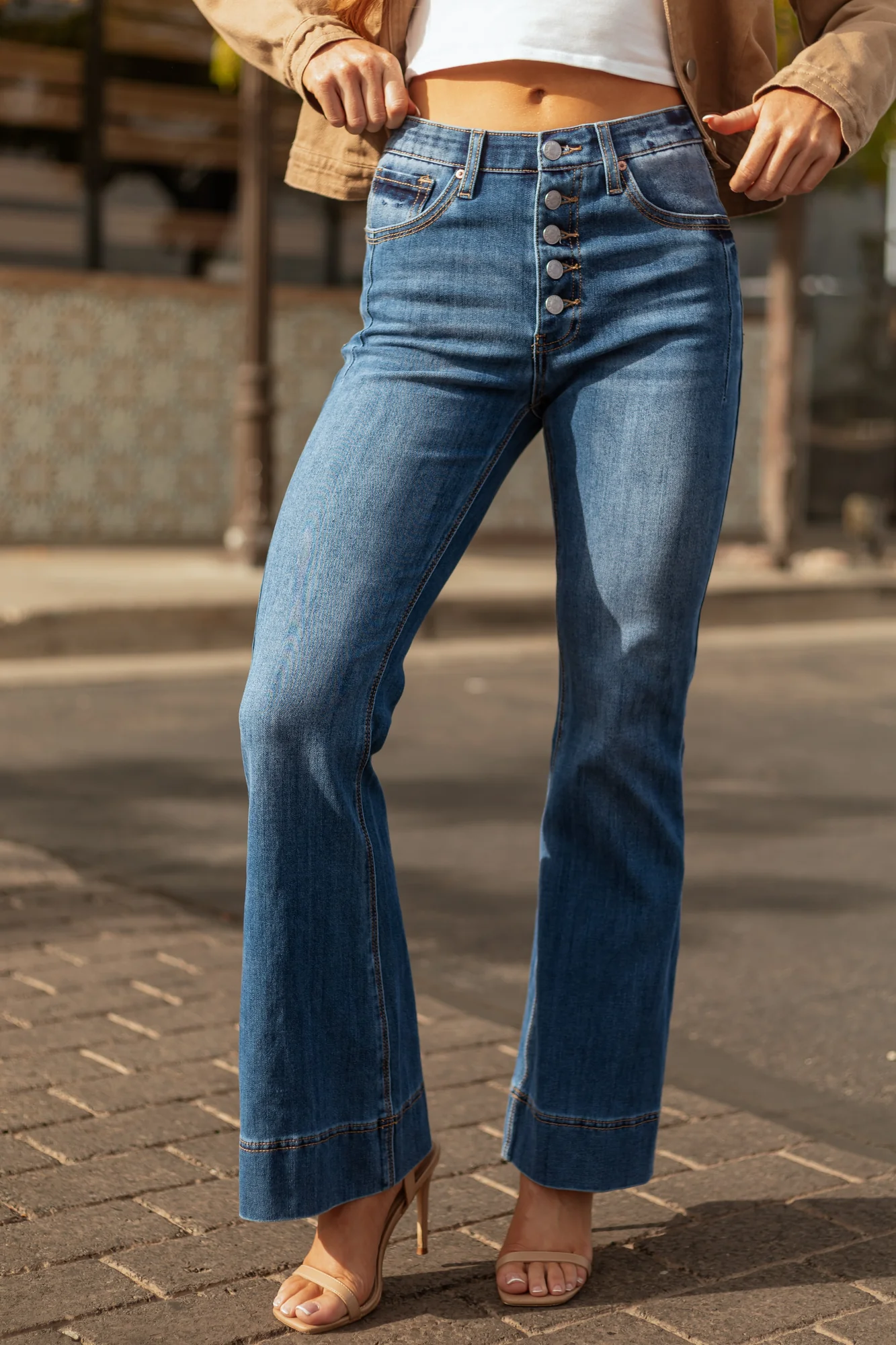 Dark Wash Button Fly High Rise Flare Jeans