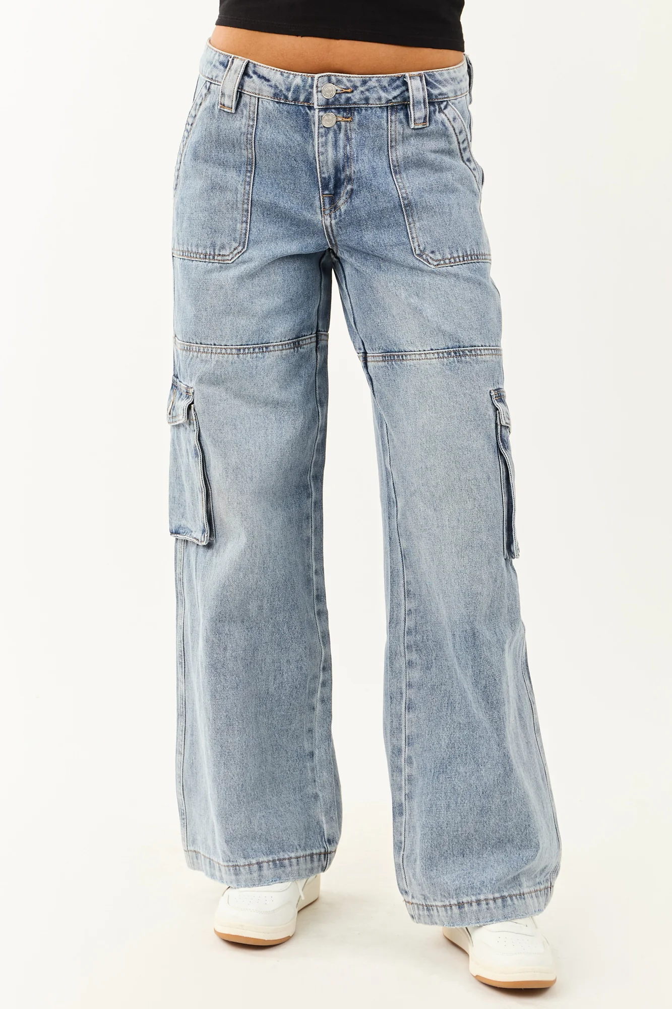 Cargo Wide Leg Denim Jeans - Utility Style Medium Wash