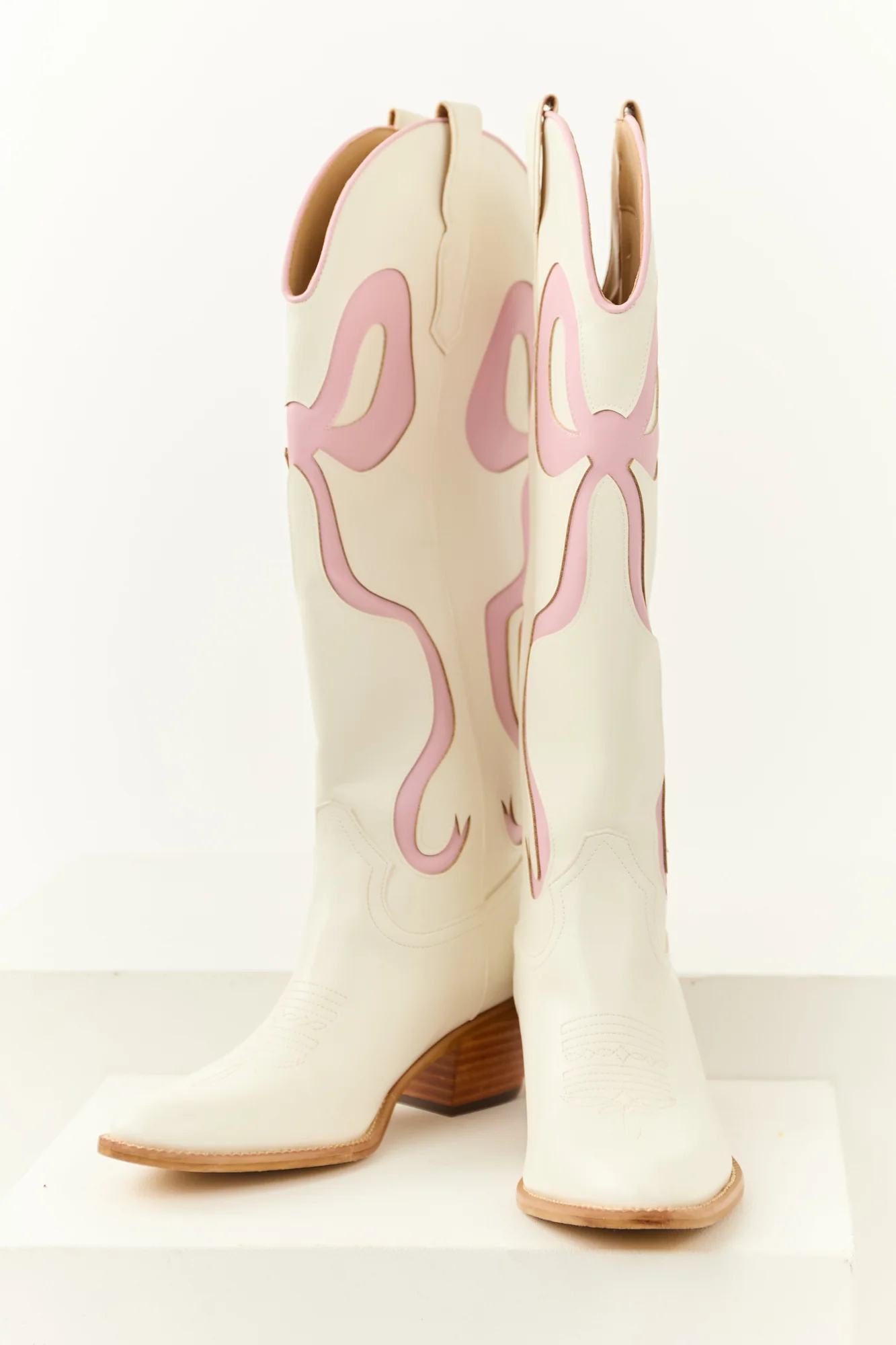 Western Ivory Knee High Heel Boots with Bow Accent