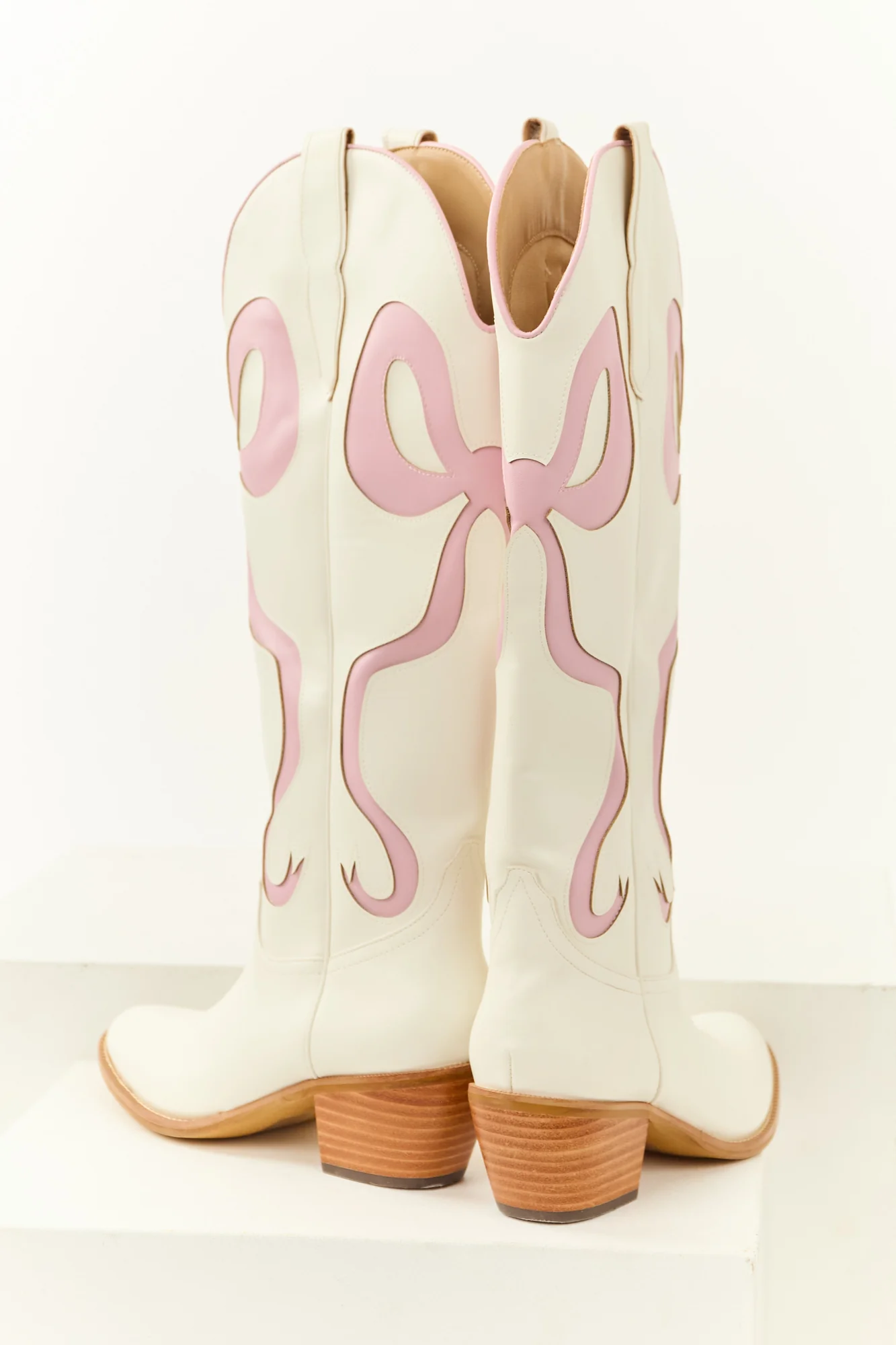 Western Ivory Knee High Heel Boots with Bow Accent