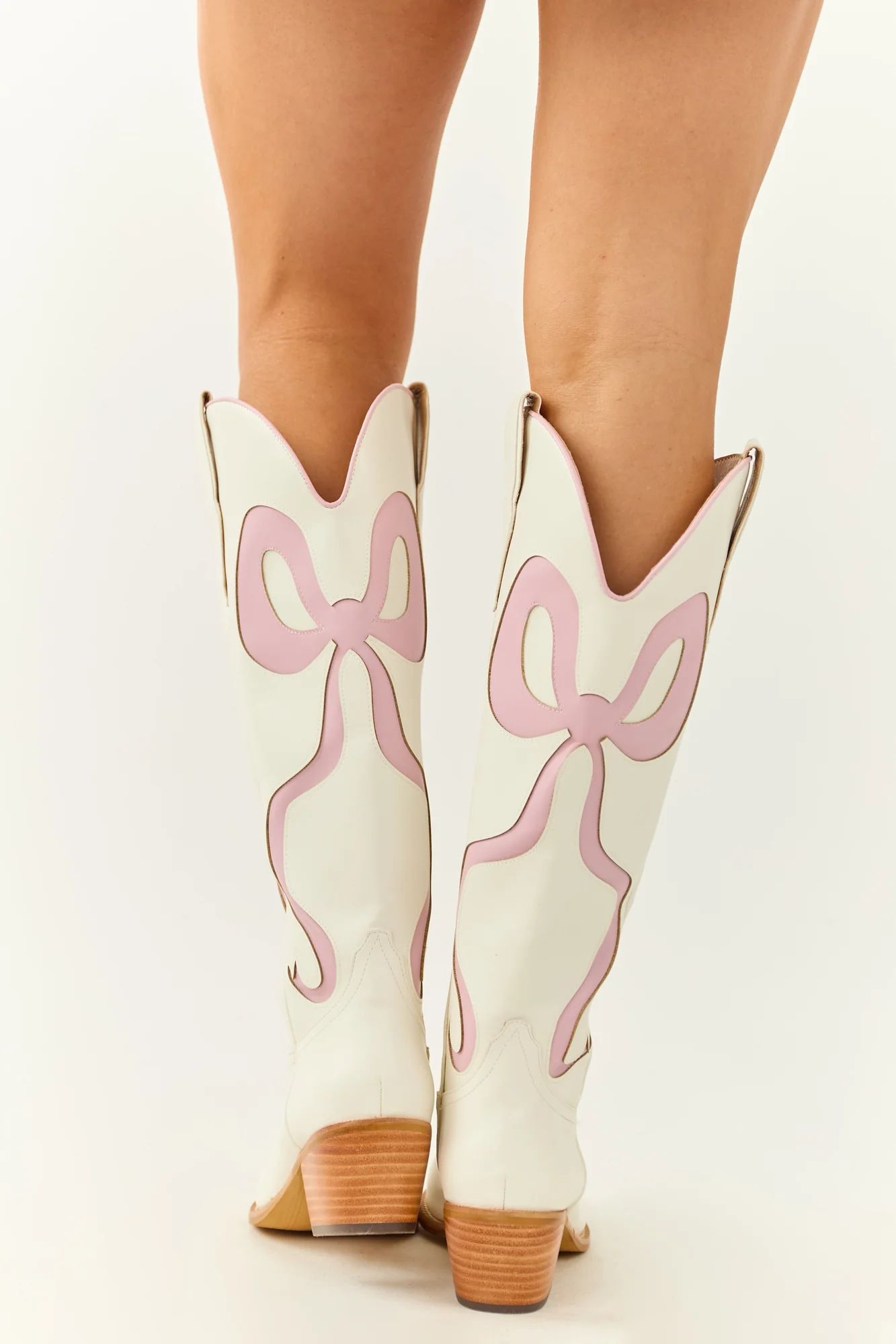 Western Ivory Knee High Heel Boots with Bow Accent