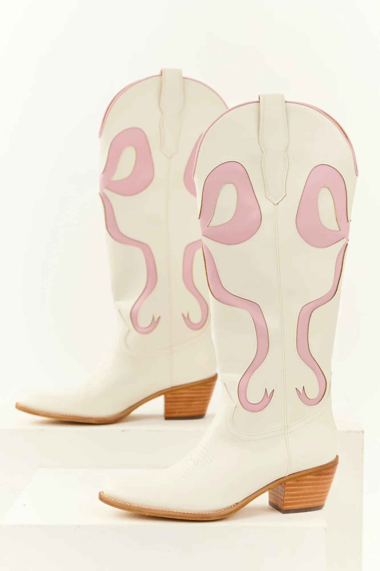 Western Ivory Knee High Heel Boots with Bow Accent