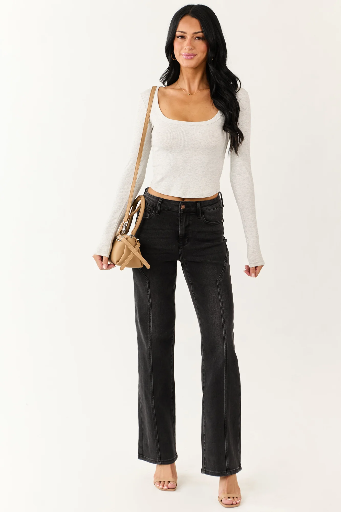 Black Stretchy Straight Leg Jeans with Western Seam Details