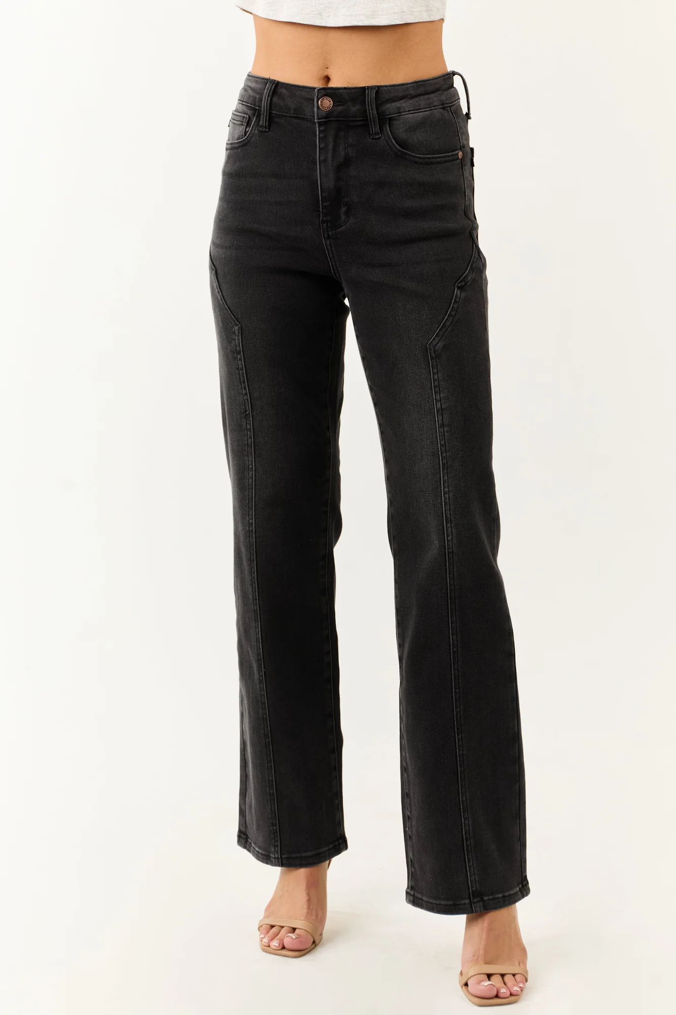 Black Stretchy Straight Leg Jeans with Western Seam Details