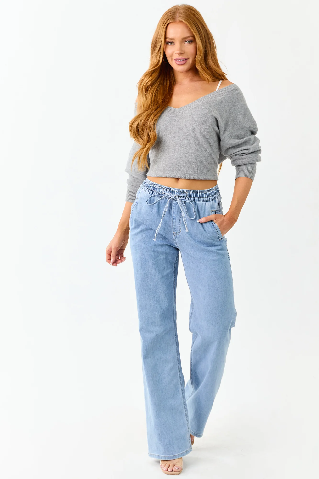 Light Blue Smocked Waist Wide Leg Jeans