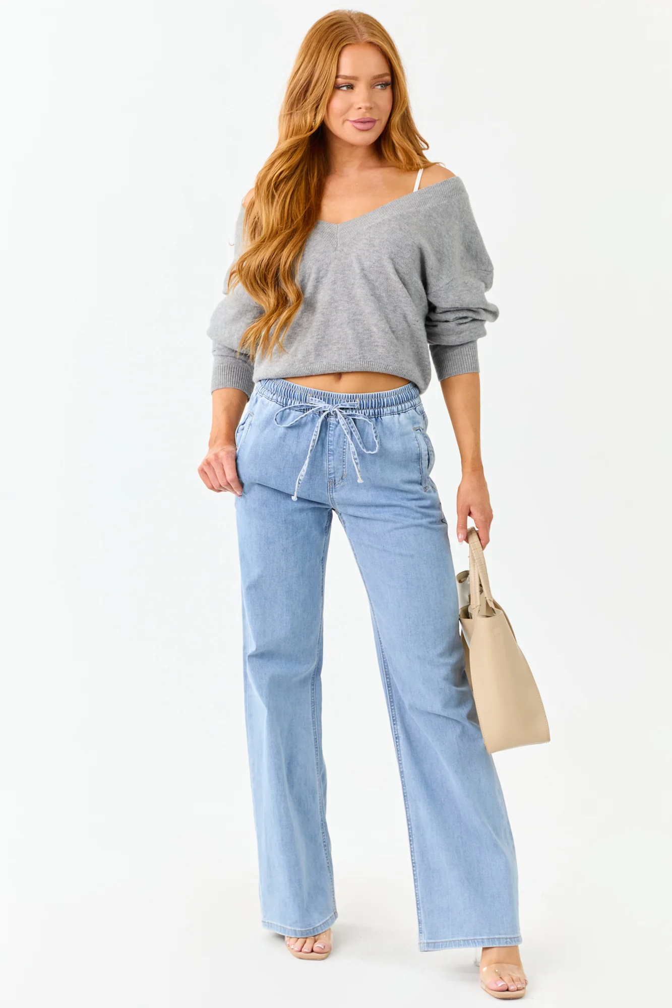 Light Blue Smocked Waist Wide Leg Jeans