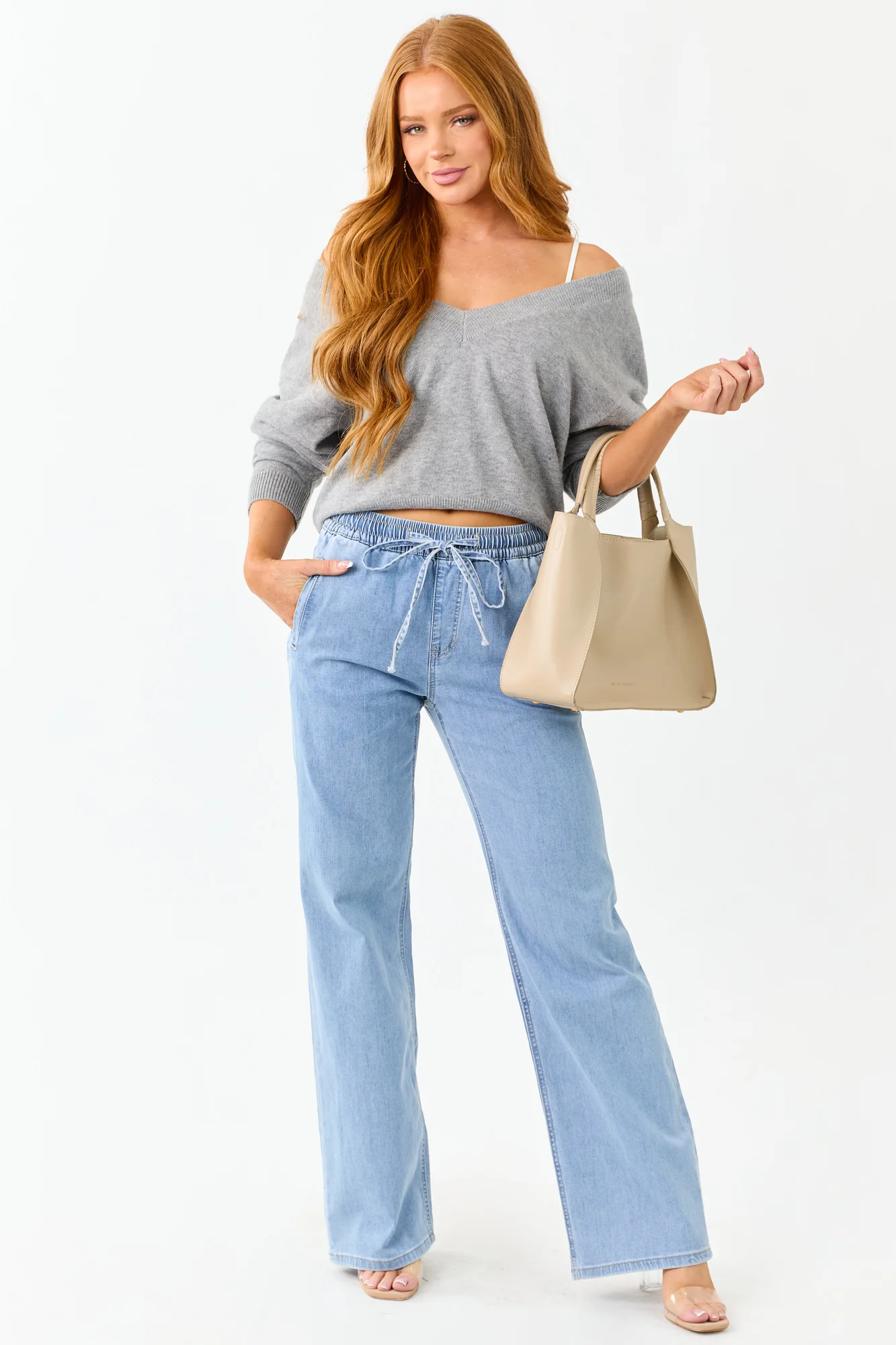 Light Blue Smocked Waist Wide Leg Jeans